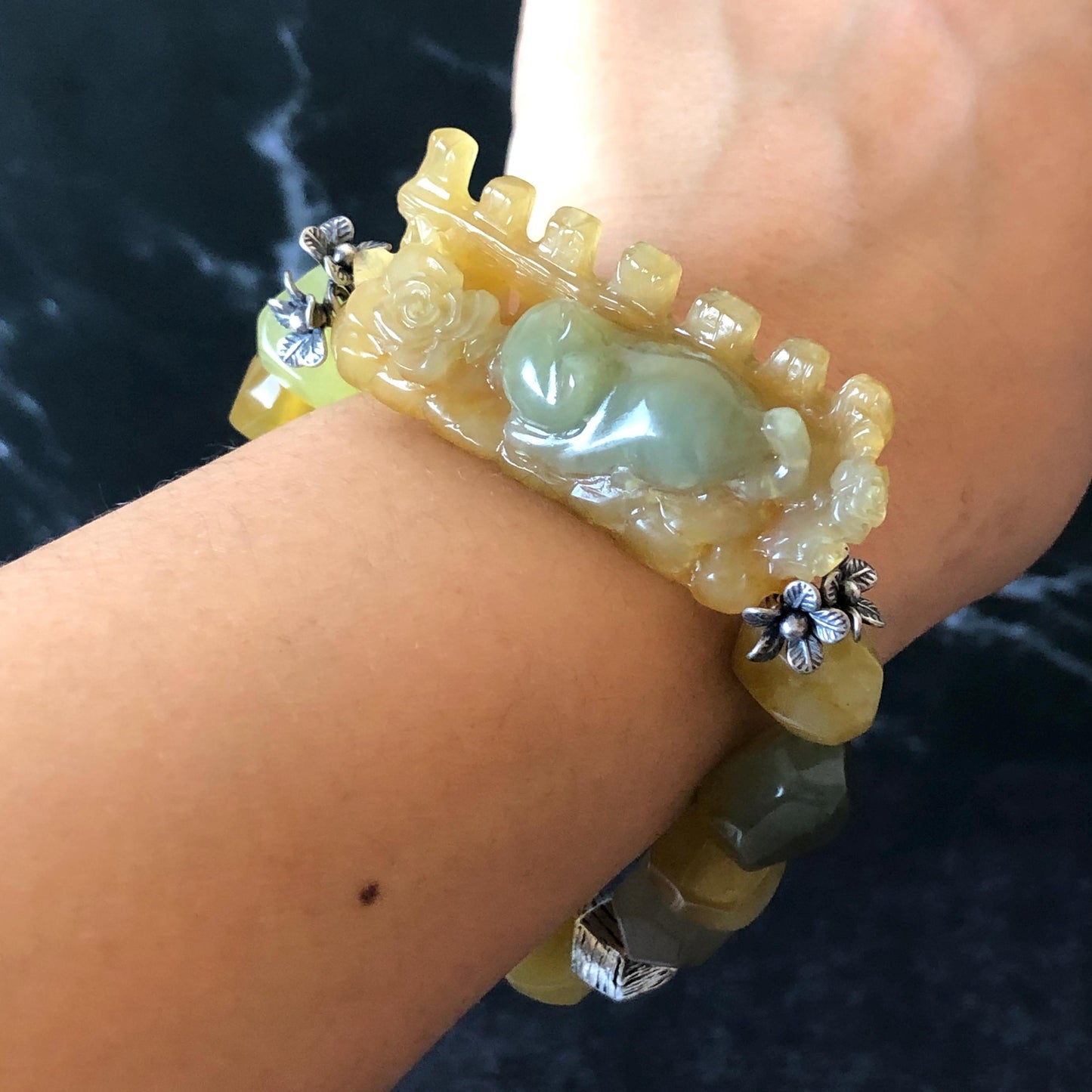 Natural Xiu Jade Serpentine Hand Carved Cat Kitten with Flowers Charm with Irregular Bead Bracelet: Handcrafted Yellow & Green Jade Beads with Vintage Tibetan Silver Accessory| Crystal Stone Gemstone Gift for her Multi colour Jade customised bracelet hand engraved jade bracelet carved charm carved pendant cat carving kitten bracelet yellow jade green jade bi color jade silver bracelet tailor made bracelet personalised diy bracelet untreated jade elastic stretch bracelet cat lover gift