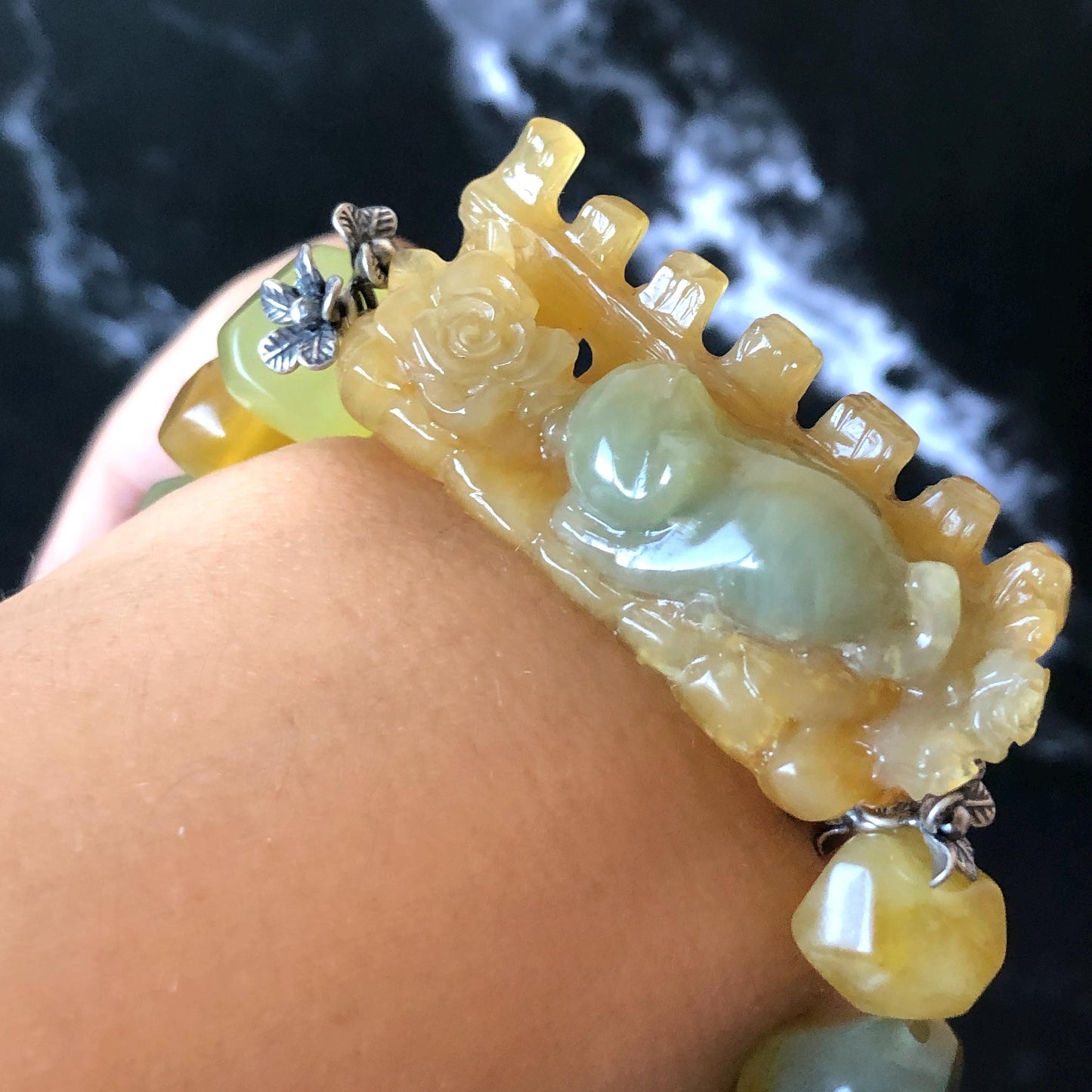 Natural Xiu Jade Serpentine Hand Carved Cat Kitten with Flowers Charm with Irregular Bead Bracelet: Handcrafted Yellow & Green Jade Beads with Vintage Tibetan Silver Accessory| Crystal Stone Gemstone Gift for her Multi colour Jade customised bracelet hand engraved jade bracelet carved charm carved pendant cat carving kitten bracelet yellow jade green jade bi color jade silver bracelet tailor made bracelet personalised diy bracelet untreated jade elastic stretch bracelet cat lover gift