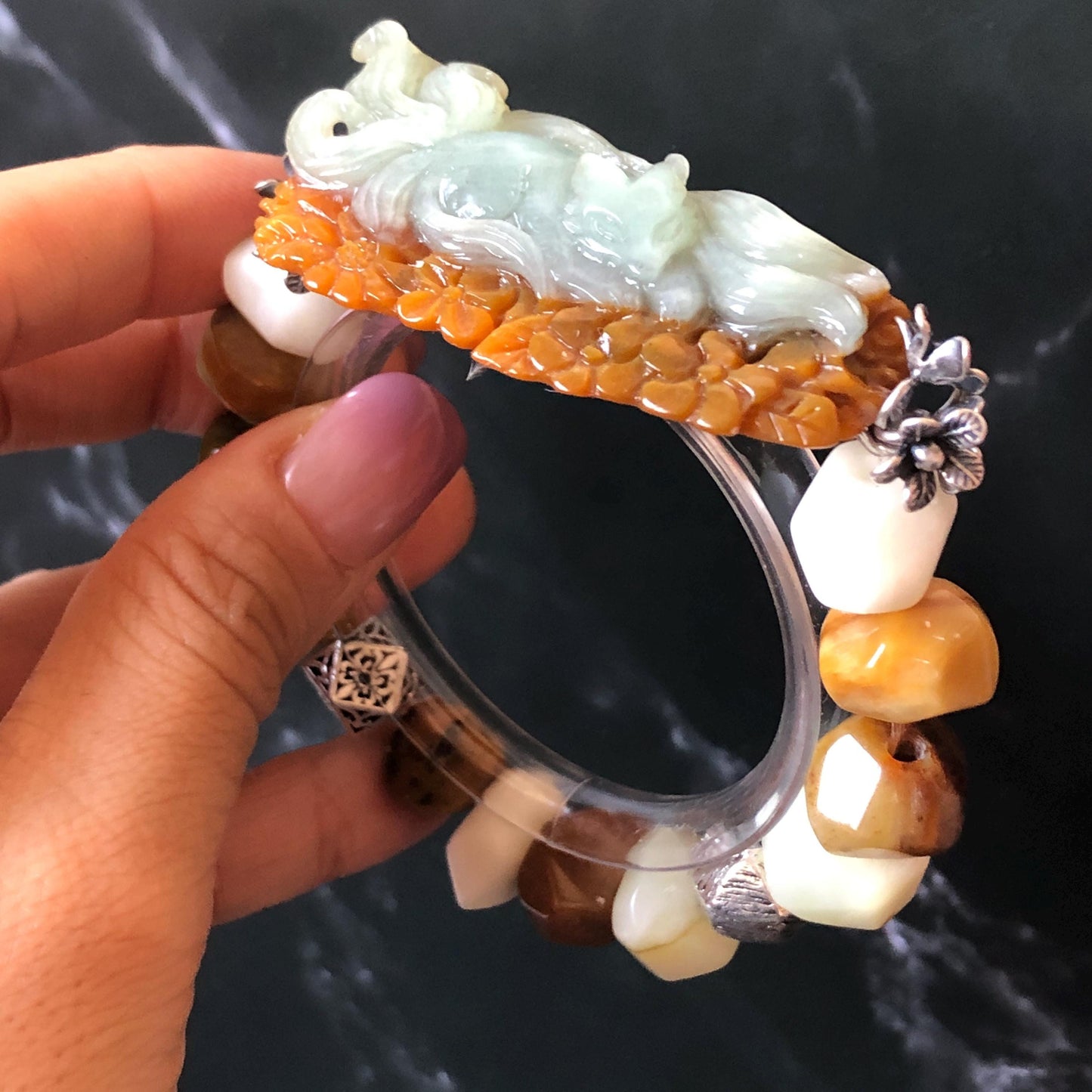 Xiu Jade Serpentine Hand Carved Nine-tailed Fox & Flower with Irregular Bead Bracelet: Natural Brown White Jade with Vintage Tibetan Silver | Gift for her bracelet jade carving hand engraved orange jade brown jade white jade hand engraved jade bracelet hand carved jade charm hand engraved jade pendant irregular bead bracelet big beaded bracelet elastic stretch bracelet silver accessory vintage bracelet antique bracelet nine tail fox carving engraved fox 3D stone carving