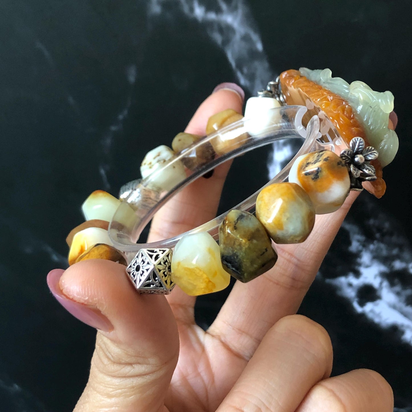 Xiu Jade Serpentine Hand Carved Nine-tailed Fox & Flower with Irregular Bead Bracelet: Natural Brown White Jade with Vintage Tibetan Silver | Gift for her bracelet jade carving hand engraved orange jade brown jade white jade hand engraved jade bracelet hand carved jade charm hand engraved jade pendant irregular bead bracelet big beaded bracelet elastic stretch bracelet silver accessory vintage bracelet antique bracelet nine tail fox carving engraved fox 3D stone carving