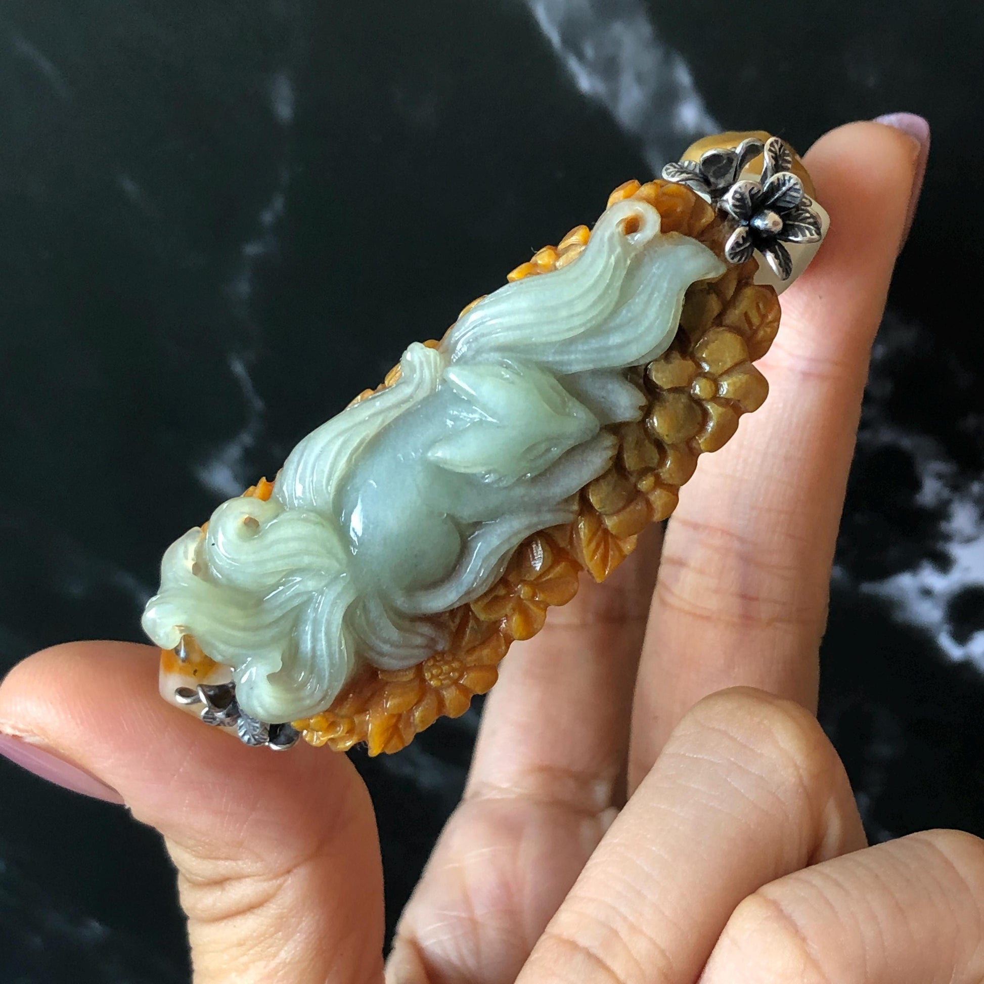 Xiu Jade Serpentine Hand Carved Nine-tailed Fox & Flower with Irregular Bead Bracelet: Natural Brown White Jade with Vintage Tibetan Silver | Gift for her bracelet jade carving hand engraved orange jade brown jade white jade hand engraved jade bracelet hand carved jade charm hand engraved jade pendant irregular bead bracelet big beaded bracelet elastic stretch bracelet silver accessory vintage bracelet antique bracelet nine tail fox carving engraved fox 3D stone carving