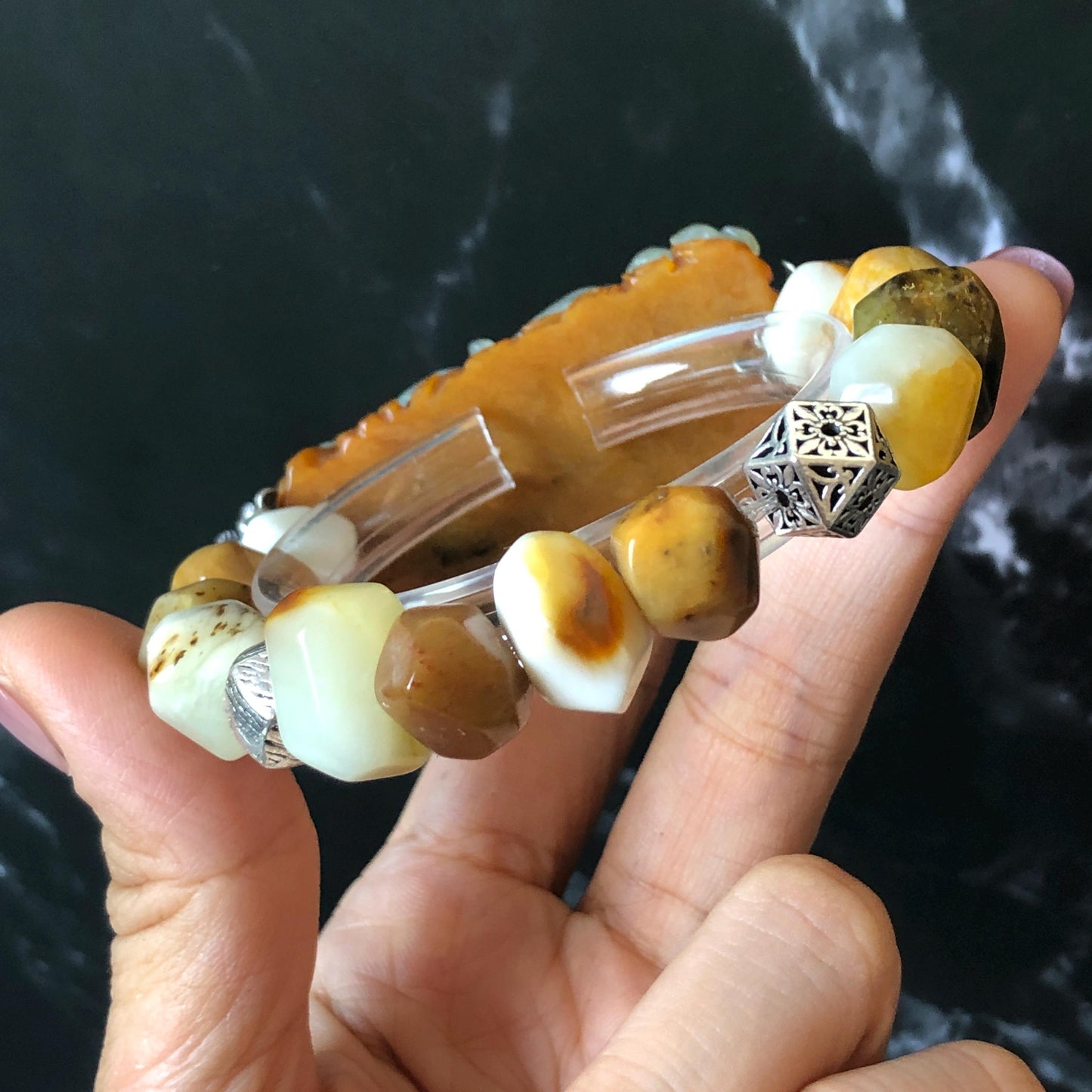 Xiu Jade Serpentine Hand Carved Nine-tailed Fox & Flower with Irregular Bead Bracelet: Natural Brown White Jade with Vintage Tibetan Silver | Gift for her bracelet jade carving hand engraved orange jade brown jade white jade hand engraved jade bracelet hand carved jade charm hand engraved jade pendant irregular bead bracelet big beaded bracelet elastic stretch bracelet silver accessory vintage bracelet antique bracelet nine tail fox carving engraved fox 3D stone carving