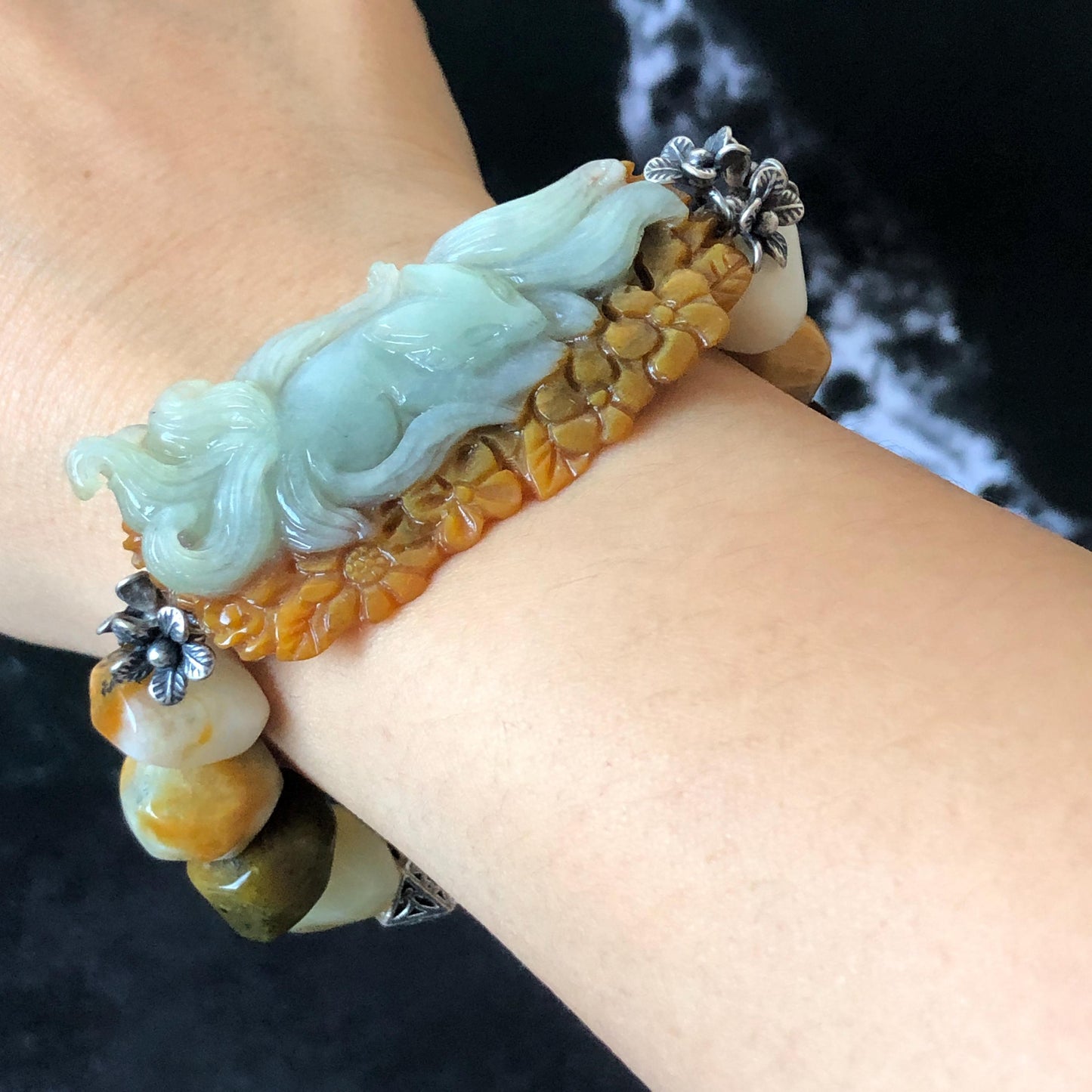 Xiu Jade Serpentine Hand Carved Nine-tailed Fox & Flower with Irregular Bead Bracelet: Natural Brown White Jade with Vintage Tibetan Silver | Gift for her bracelet jade carving hand engraved orange jade brown jade white jade hand engraved jade bracelet hand carved jade charm hand engraved jade pendant irregular bead bracelet big beaded bracelet elastic stretch bracelet silver accessory vintage bracelet antique bracelet nine tail fox carving engraved fox 3D stone carving