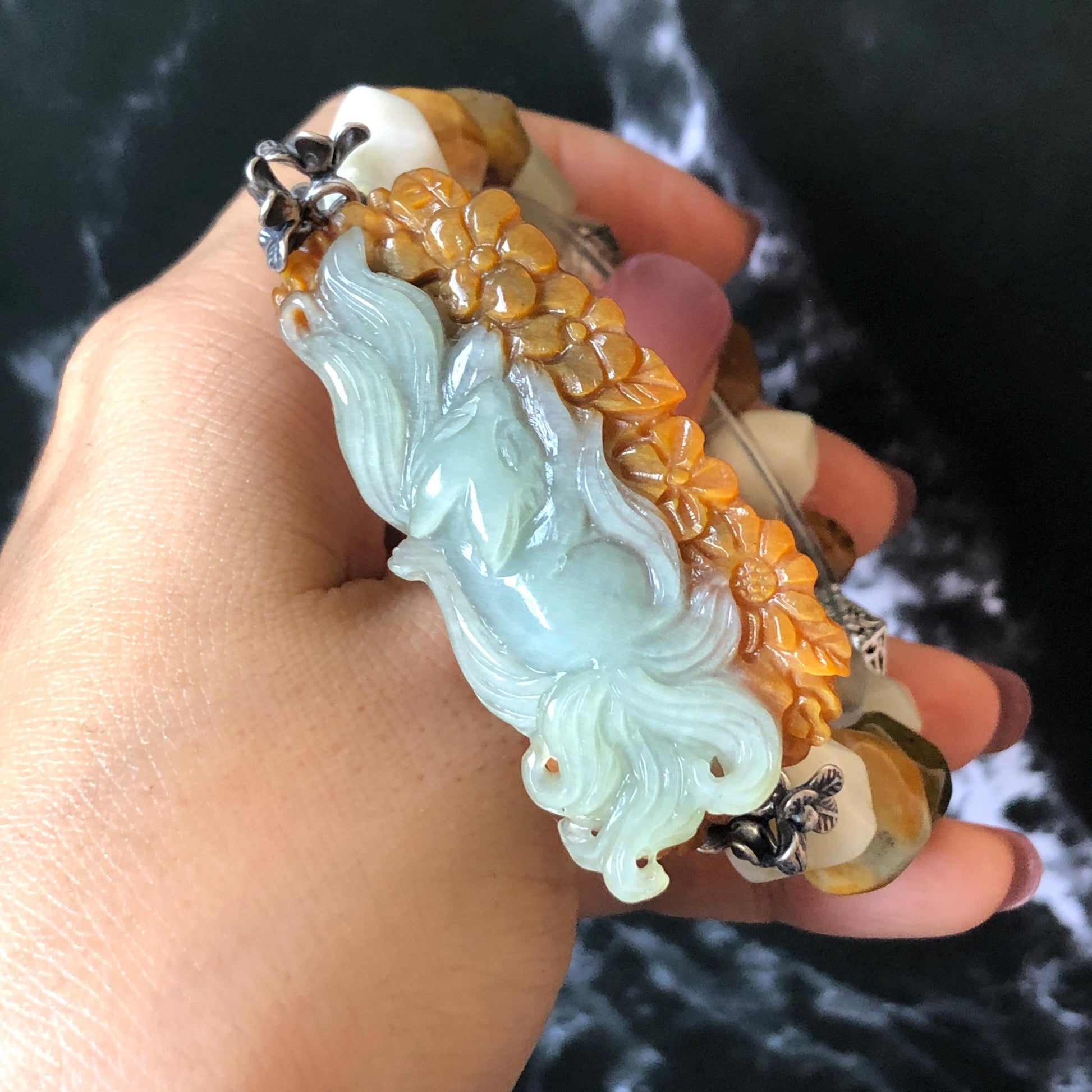 Xiu Jade Serpentine Hand Carved Nine-tailed Fox & Flower with Irregular Bead Bracelet: Natural Brown White Jade with Vintage Tibetan Silver | Gift for her bracelet jade carving hand engraved orange jade brown jade white jade hand engraved jade bracelet hand carved jade charm hand engraved jade pendant irregular bead bracelet big beaded bracelet elastic stretch bracelet silver accessory vintage bracelet antique bracelet nine tail fox carving engraved fox 3D stone carving