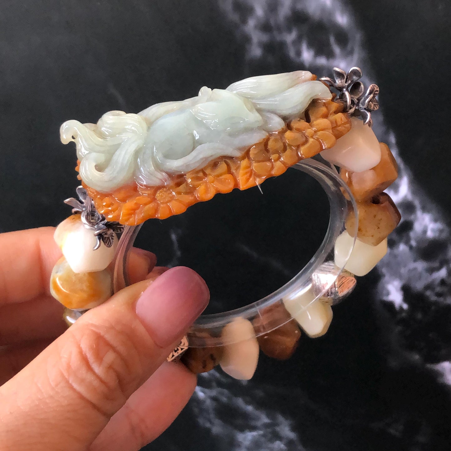 Xiu Jade Serpentine Hand Carved Nine-tailed Fox & Flower with Irregular Bead Bracelet: Natural Brown White Jade with Vintage Tibetan Silver | Gift for her bracelet jade carving hand engraved orange jade brown jade white jade hand engraved jade bracelet hand carved jade charm hand engraved jade pendant irregular bead bracelet big beaded bracelet elastic stretch bracelet silver accessory vintage bracelet antique bracelet nine tail fox carving engraved fox 3D stone carving