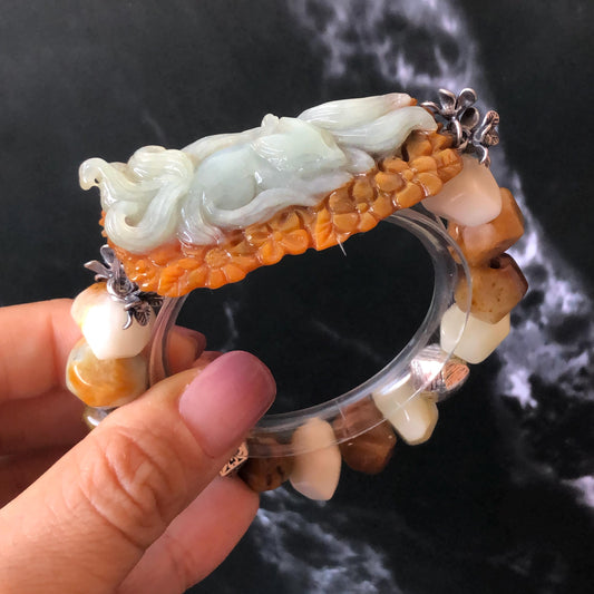 Xiu Jade Serpentine Hand Carved Nine-tailed Fox & Flower with Irregular Bead Bracelet: Natural Brown White Jade with Vintage Tibetan Silver | Gift for her bracelet jade carving hand engraved orange jade brown jade white jade hand engraved jade bracelet hand carved jade charm hand engraved jade pendant irregular bead bracelet big beaded bracelet elastic stretch bracelet silver accessory vintage bracelet antique bracelet nine tail fox carving engraved fox 3D stone carving