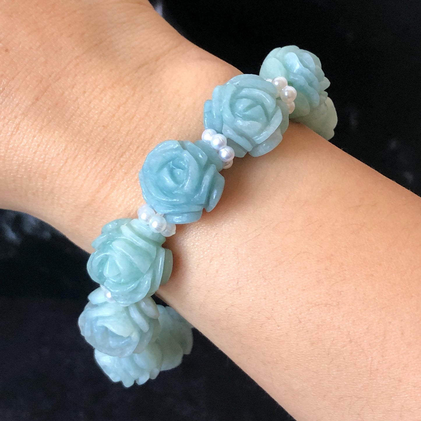 Natural SheTaicui jade (Quartzite) Hand Carved Blue Rose Bead Bracelet: Bi-colour Blue Sky & White Cloud Charms | Cute & Sweet | personalized gift  for her, elastic stretch bracelet, huge bead bracelet, jade bead bracelet, bi colour jade multi color jade blue jade white jade chinese jade tailor made bracelet personalized bracelet rose charm hand carved bead bracelet hand engraved jade bracelet hand carved rose bracelet rose carving flower carving hand engraved rose bead 3D stone carving