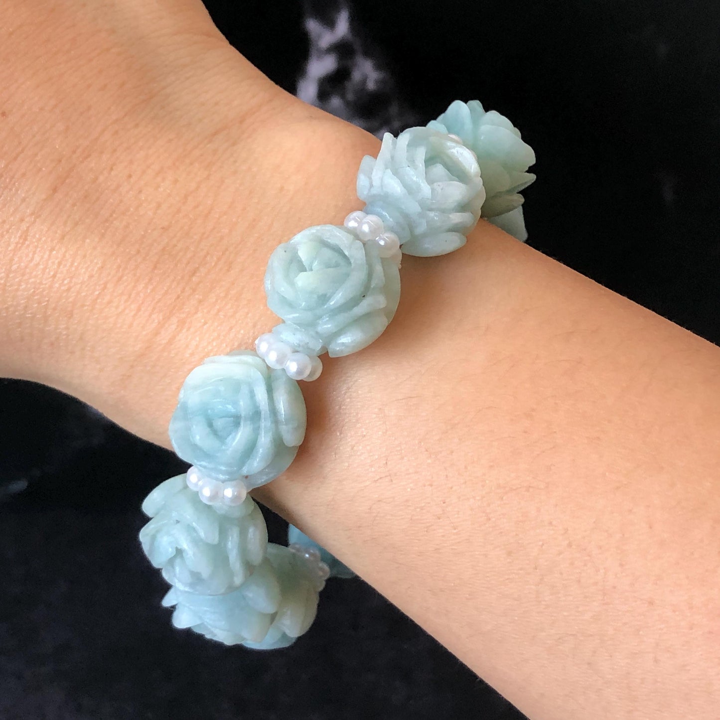 Natural SheTaicui jade (Quartzite) Hand Carved Blue Rose Bead Bracelet: Bi-colour Blue Sky & White Cloud Charms | Cute & Sweet | personalized gift  for her, elastic stretch bracelet, huge bead bracelet, jade bead bracelet, bi colour jade multi color jade blue jade white jade chinese jade tailor made bracelet personalized bracelet rose charm hand carved bead bracelet hand engraved jade bracelet hand carved rose bracelet rose carving flower carving hand engraved rose bead 3D stone carving