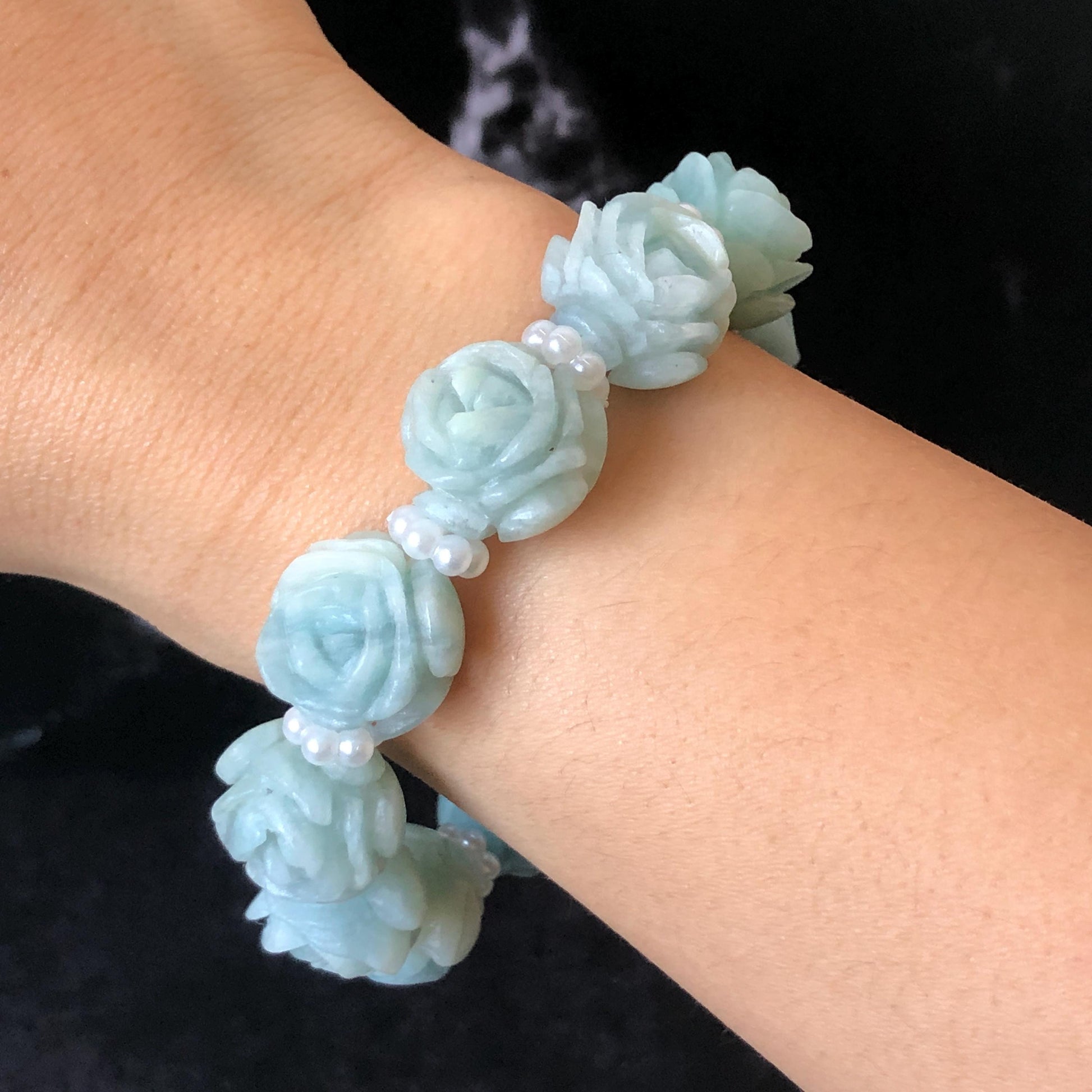 Natural SheTaicui jade (Quartzite) Hand Carved Blue Rose Bead Bracelet: Bi-colour Blue Sky & White Cloud Charms | Cute & Sweet | personalized gift  for her, elastic stretch bracelet, huge bead bracelet, jade bead bracelet, bi colour jade multi color jade blue jade white jade chinese jade tailor made bracelet personalized bracelet rose charm hand carved bead bracelet hand engraved jade bracelet hand carved rose bracelet rose carving flower carving hand engraved rose bead 3D stone carving