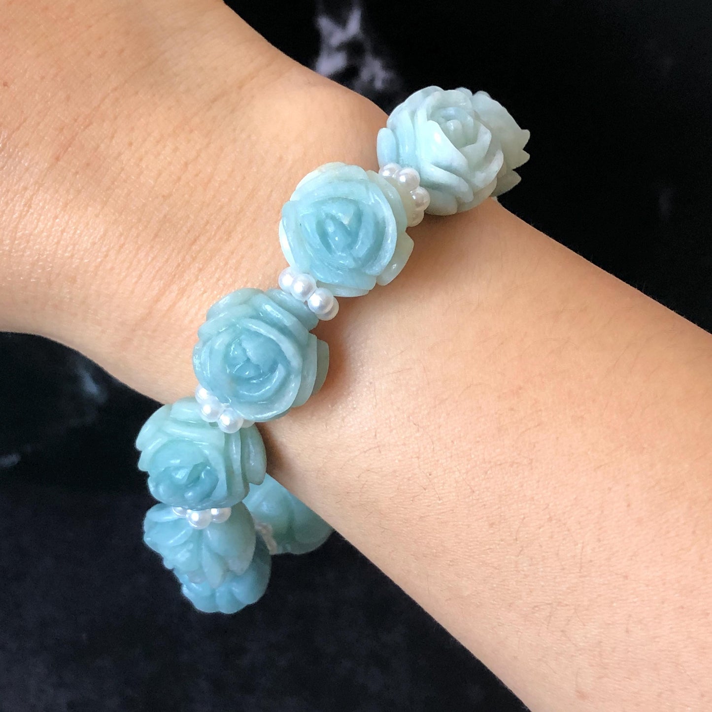 Natural SheTaicui jade (Quartzite) Hand Carved Blue Rose Bead Bracelet: Bi-colour Blue Sky & White Cloud Charms | Cute & Sweet | personalized gift  for her, elastic stretch bracelet, huge bead bracelet, jade bead bracelet, bi colour jade multi color jade blue jade white jade chinese jade tailor made bracelet personalized bracelet rose charm hand carved bead bracelet hand engraved jade bracelet hand carved rose bracelet rose carving flower carving hand engraved rose bead 3D stone carving
