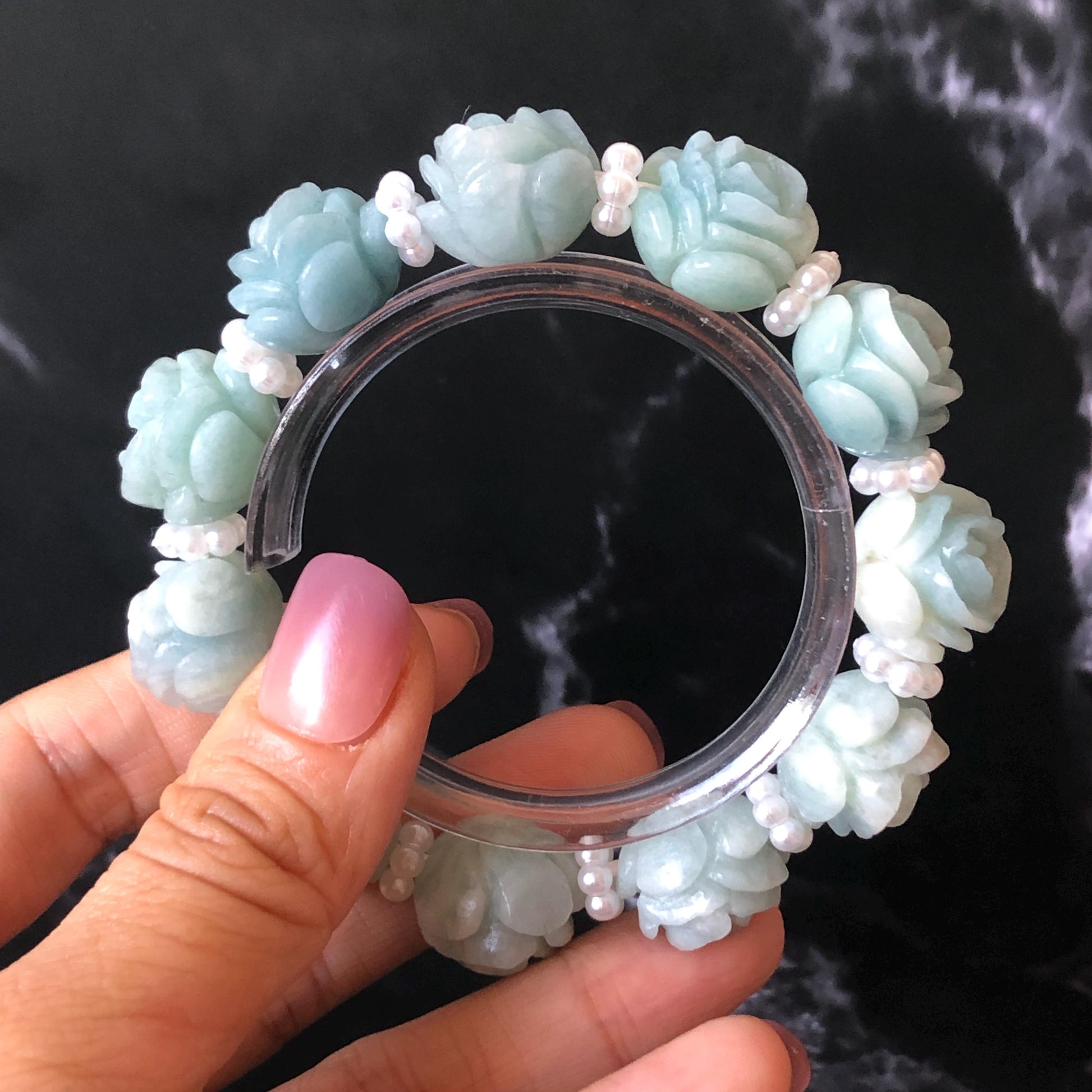 Natural SheTaicui jade (Quartzite) Hand Carved Blue Rose Bead Bracelet: Bi-colour Blue Sky & White Cloud Charms | Cute & Sweet | personalized gift  for her, elastic stretch bracelet, huge bead bracelet, jade bead bracelet, bi colour jade multi color jade blue jade white jade chinese jade tailor made bracelet personalized bracelet rose charm hand carved bead bracelet hand engraved jade bracelet hand carved rose bracelet rose carving flower carving hand engraved rose bead 3D stone carving