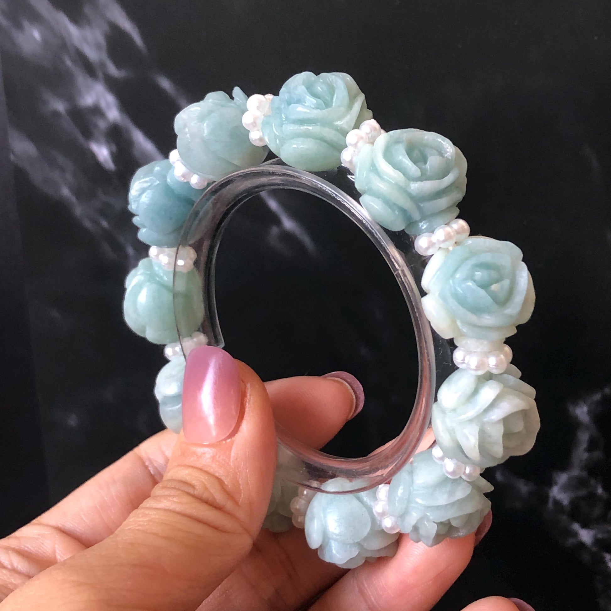 Natural SheTaicui jade (Quartzite) Hand Carved Blue Rose Bead Bracelet: Bi-colour Blue Sky & White Cloud Charms | Cute & Sweet | personalized gift  for her, elastic stretch bracelet, huge bead bracelet, jade bead bracelet, bi colour jade multi color jade blue jade white jade chinese jade tailor made bracelet personalized bracelet rose charm hand carved bead bracelet hand engraved jade bracelet hand carved rose bracelet rose carving flower carving hand engraved rose bead 3D stone carving