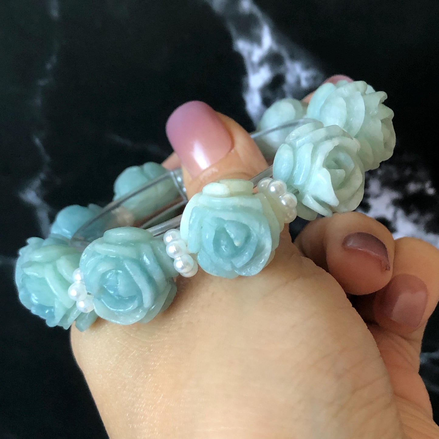 Natural SheTaicui jade (Quartzite) Hand Carved Blue Rose Bead Bracelet: Bi-colour Blue Sky & White Cloud Charms | Cute & Sweet | personalized gift  for her, elastic stretch bracelet, huge bead bracelet, jade bead bracelet, bi colour jade multi color jade blue jade white jade chinese jade tailor made bracelet personalized bracelet rose charm hand carved bead bracelet hand engraved jade bracelet hand carved rose bracelet rose carving flower carving hand engraved rose bead 3D stone carving