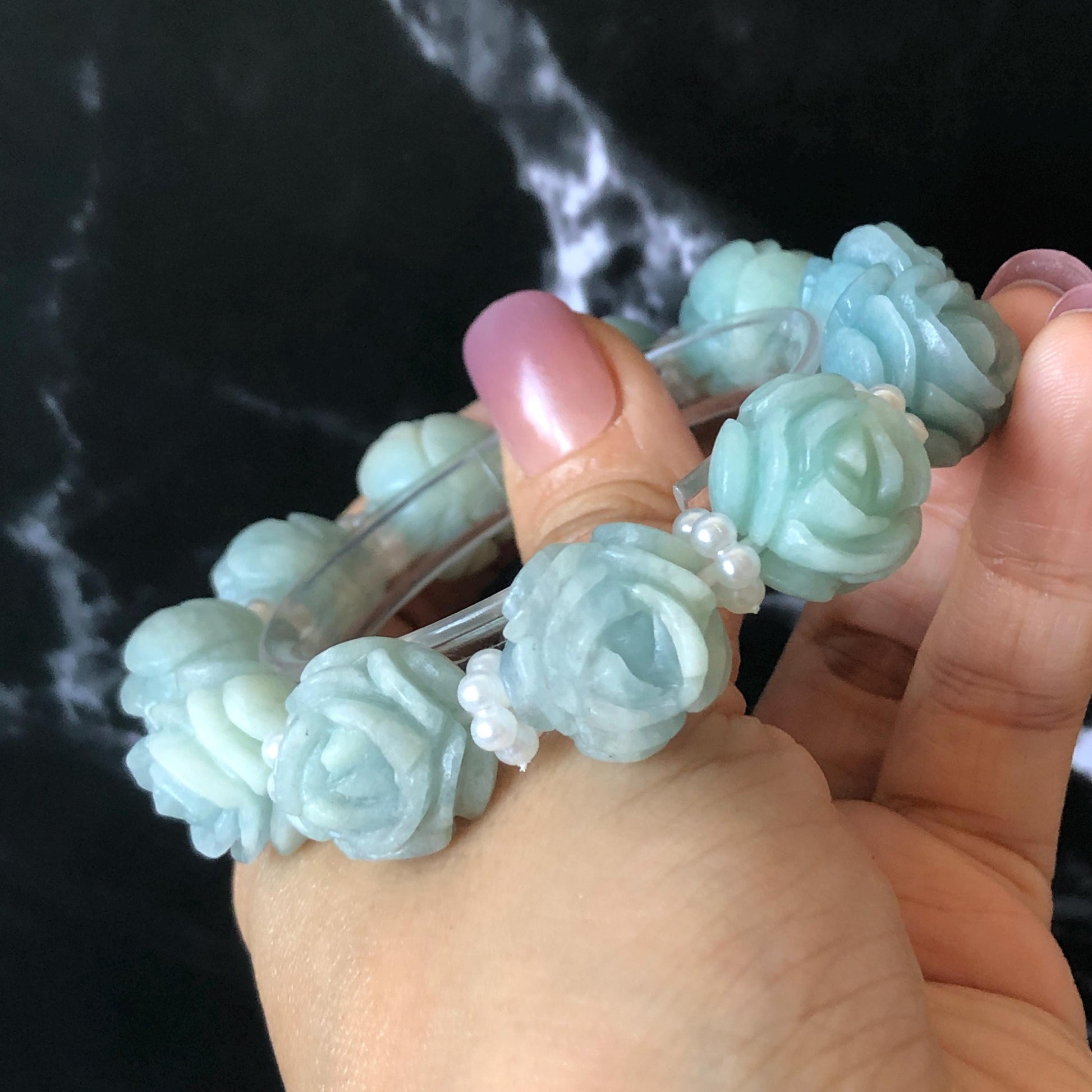 Natural SheTaicui jade (Quartzite) Hand Carved Blue Rose Bead Bracelet: Bi-colour Blue Sky & White Cloud Charms | Cute & Sweet | personalized gift  for her, elastic stretch bracelet, huge bead bracelet, jade bead bracelet, bi colour jade multi color jade blue jade white jade chinese jade tailor made bracelet personalized bracelet rose charm hand carved bead bracelet hand engraved jade bracelet hand carved rose bracelet rose carving flower carving hand engraved rose bead 3D stone carving