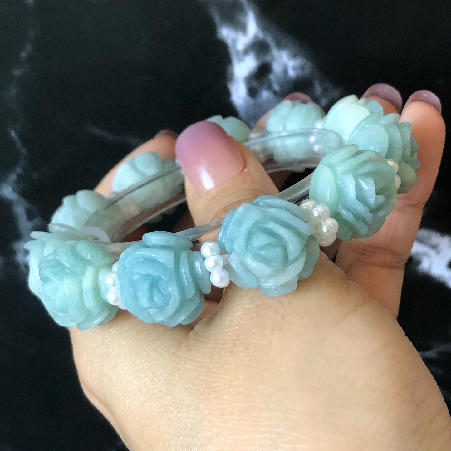 Natural SheTaicui jade (Quartzite) Hand Carved Blue Rose Bead Bracelet: Bi-colour Blue Sky & White Cloud Charms | Cute & Sweet | personalized gift  for her, elastic stretch bracelet, huge bead bracelet, jade bead bracelet, bi colour jade multi color jade blue jade white jade chinese jade tailor made bracelet personalized bracelet rose charm hand carved bead bracelet hand engraved jade bracelet hand carved rose bracelet rose carving flower carving hand engraved rose bead 3D stone carving