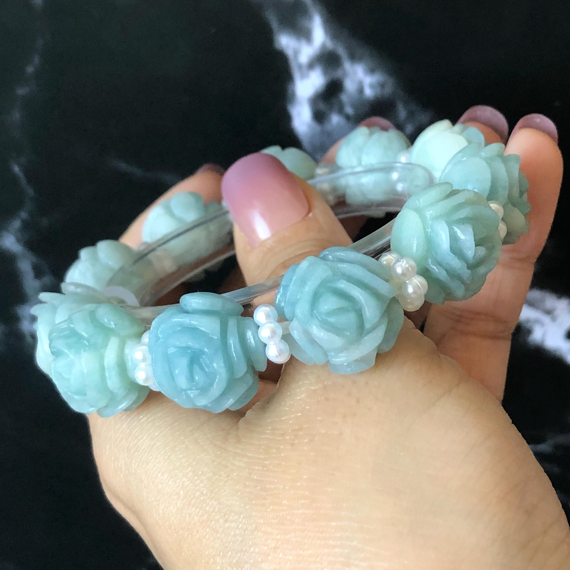 Natural SheTaicui jade (Quartzite) Hand Carved Blue Rose Bead Bracelet: Bi-colour Blue Sky & White Cloud Charms | Cute & Sweet | personalized gift  for her, elastic stretch bracelet, huge bead bracelet, jade bead bracelet, bi colour jade multi color jade blue jade white jade chinese jade tailor made bracelet personalized bracelet rose charm hand carved bead bracelet hand engraved jade bracelet hand carved rose bracelet rose carving flower carving hand engraved rose bead 3D stone carving