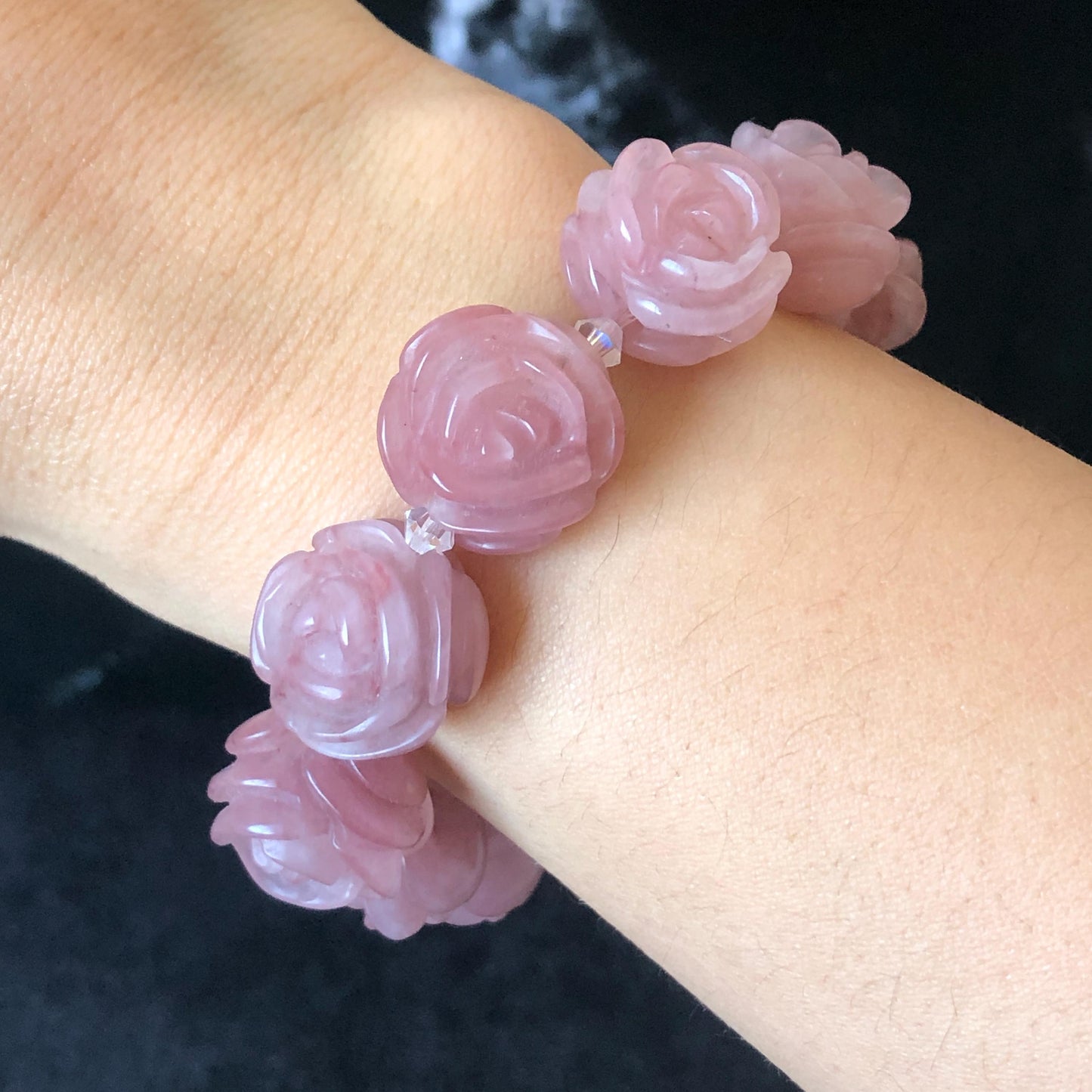 SheTaicui Jade (Quartzite) Hand Carved Rose Bead Bracelet: Natural Icy Pink Peach Charms Elastic Stretch Bracelet | Personalized Gemstone Gift for her, elastic stretch bracelet, huge bead bracelet, jade bead bracelet, pink jade purple jade chinese jade tailor made bracelet personalized bracelet rose charm hand carved bead bracelet hand engraved jade bracelet hand carved rose bracelet rose carving flower carving hand engraved rose bead 3D stone carving