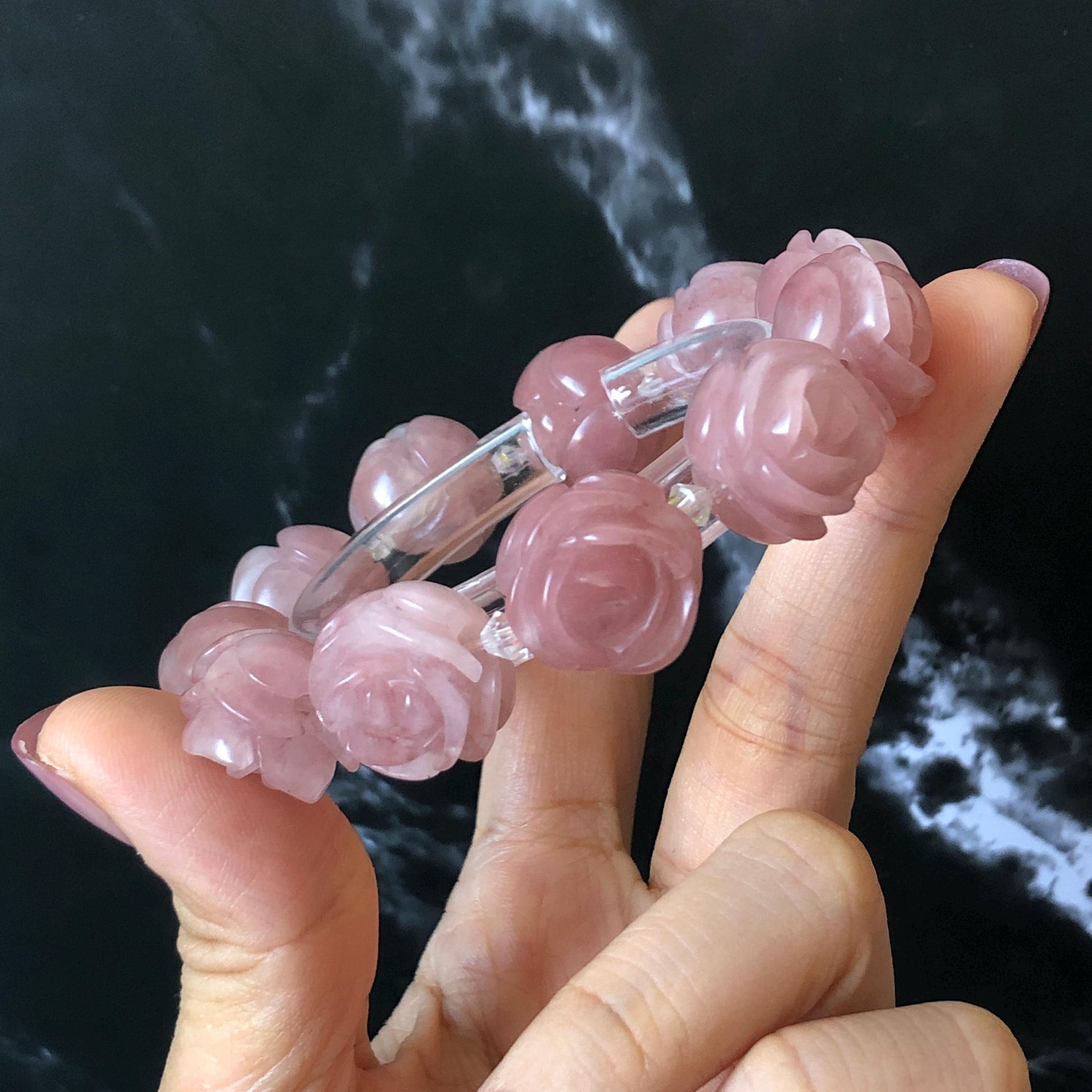 SheTaicui Jade (Quartzite) Hand Carved Rose Bead Bracelet: Natural Icy Pink Peach Charms Elastic Stretch Bracelet | Personalized Gemstone Gift for her, elastic stretch bracelet, huge bead bracelet, jade bead bracelet, pink jade purple jade chinese jade tailor made bracelet personalized bracelet rose charm hand carved bead bracelet hand engraved jade bracelet hand carved rose bracelet rose carving flower carving hand engraved rose bead 3D stone carving