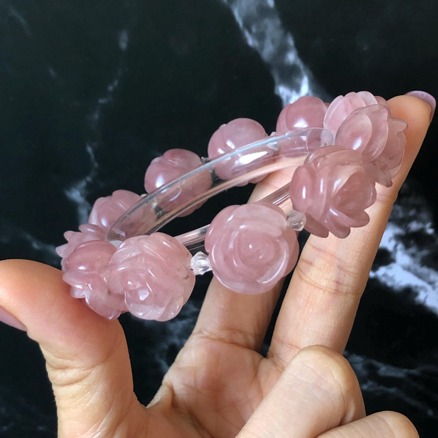 SheTaicui Jade (Quartzite) Hand Carved Rose Bead Bracelet: Natural Icy Pink Peach Charms Elastic Stretch Bracelet | Personalized Gemstone Gift for her, elastic stretch bracelet, huge bead bracelet, jade bead bracelet, pink jade purple jade chinese jade tailor made bracelet personalized bracelet rose charm hand carved bead bracelet hand engraved jade bracelet hand carved rose bracelet rose carving flower carving hand engraved rose bead 3D stone carving