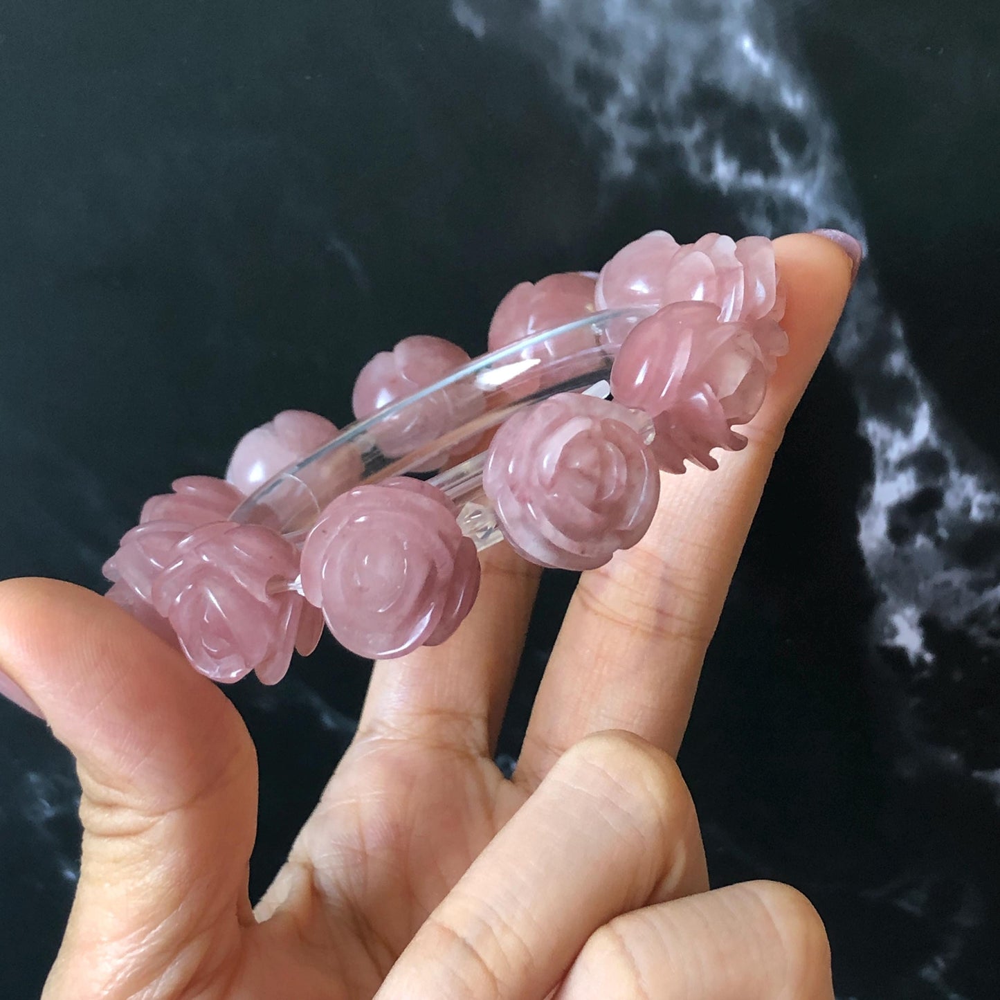 SheTaicui Jade (Quartzite) Hand Carved Rose Bead Bracelet: Natural Icy Pink Peach Charms Elastic Stretch Bracelet | Personalized Gemstone Gift for her, elastic stretch bracelet, huge bead bracelet, jade bead bracelet, pink jade purple jade chinese jade tailor made bracelet personalized bracelet rose charm hand carved bead bracelet hand engraved jade bracelet hand carved rose bracelet rose carving flower carving hand engraved rose bead 3D stone carving