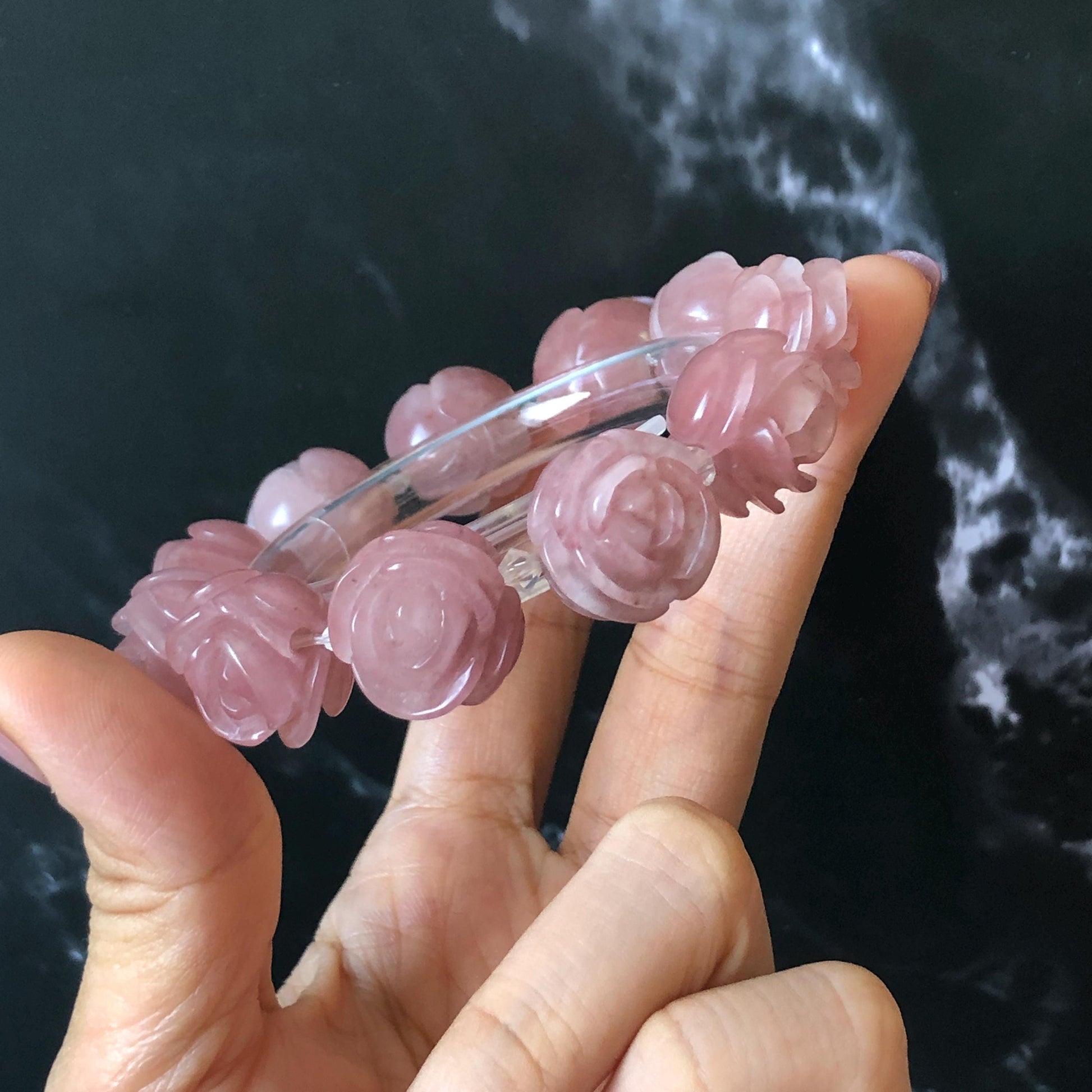 SheTaicui Jade (Quartzite) Hand Carved Rose Bead Bracelet: Natural Icy Pink Peach Charms Elastic Stretch Bracelet | Personalized Gemstone Gift for her, elastic stretch bracelet, huge bead bracelet, jade bead bracelet, pink jade purple jade chinese jade tailor made bracelet personalized bracelet rose charm hand carved bead bracelet hand engraved jade bracelet hand carved rose bracelet rose carving flower carving hand engraved rose bead 3D stone carving