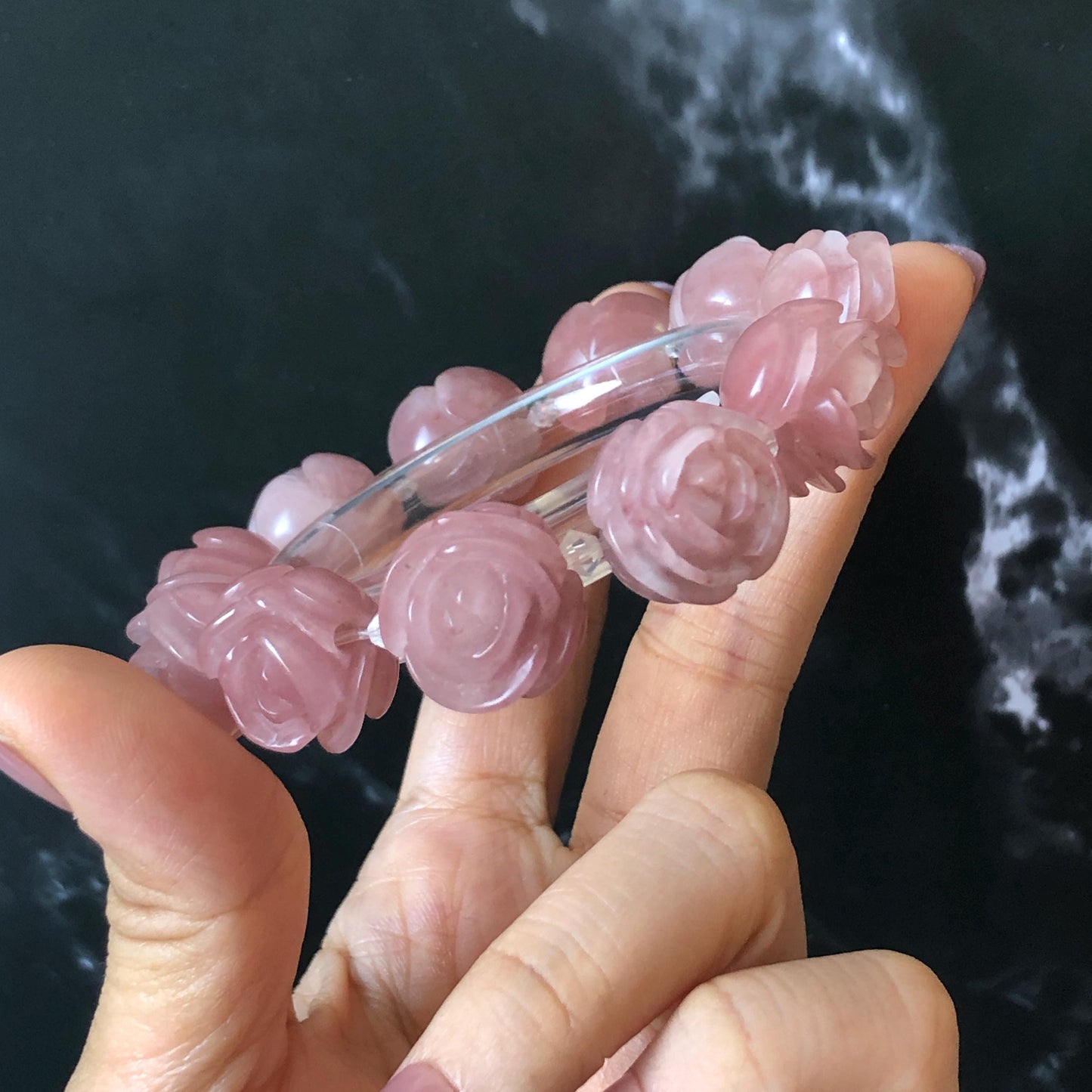 SheTaicui Jade (Quartzite) Hand Carved Rose Bead Bracelet: Natural Icy Pink Peach Charms Elastic Stretch Bracelet | Personalized Gemstone Gift for her, elastic stretch bracelet, huge bead bracelet, jade bead bracelet, pink jade purple jade chinese jade tailor made bracelet personalized bracelet rose charm hand carved bead bracelet hand engraved jade bracelet hand carved rose bracelet rose carving flower carving hand engraved rose bead 3D stone carving