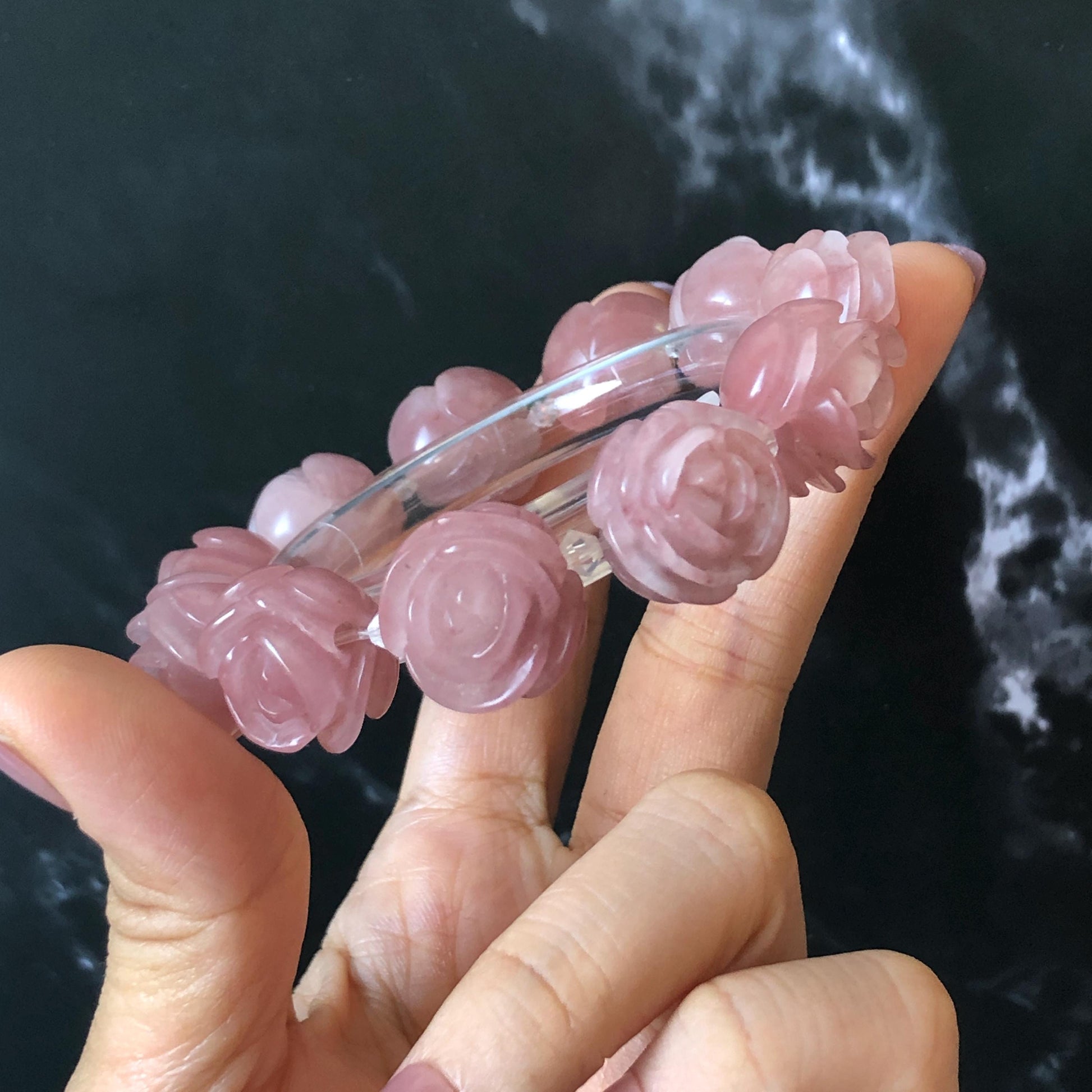 SheTaicui Jade (Quartzite) Hand Carved Rose Bead Bracelet: Natural Icy Pink Peach Charms Elastic Stretch Bracelet | Personalized Gemstone Gift for her, elastic stretch bracelet, huge bead bracelet, jade bead bracelet, pink jade purple jade chinese jade tailor made bracelet personalized bracelet rose charm hand carved bead bracelet hand engraved jade bracelet hand carved rose bracelet rose carving flower carving hand engraved rose bead 3D stone carving