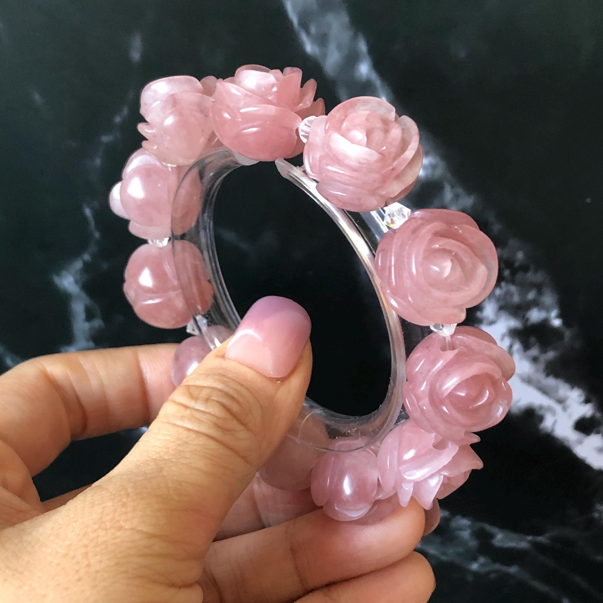 SheTaicui Jade (Quartzite) Hand Carved Rose Bead Bracelet: Natural Icy Pink Peach Charms Elastic Stretch Bracelet | Personalized Gemstone Gift for her, elastic stretch bracelet, huge bead bracelet, jade bead bracelet, pink jade purple jade chinese jade tailor made bracelet personalized bracelet rose charm hand carved bead bracelet hand engraved jade bracelet hand carved rose bracelet rose carving flower carving hand engraved rose bead 3D stone carving