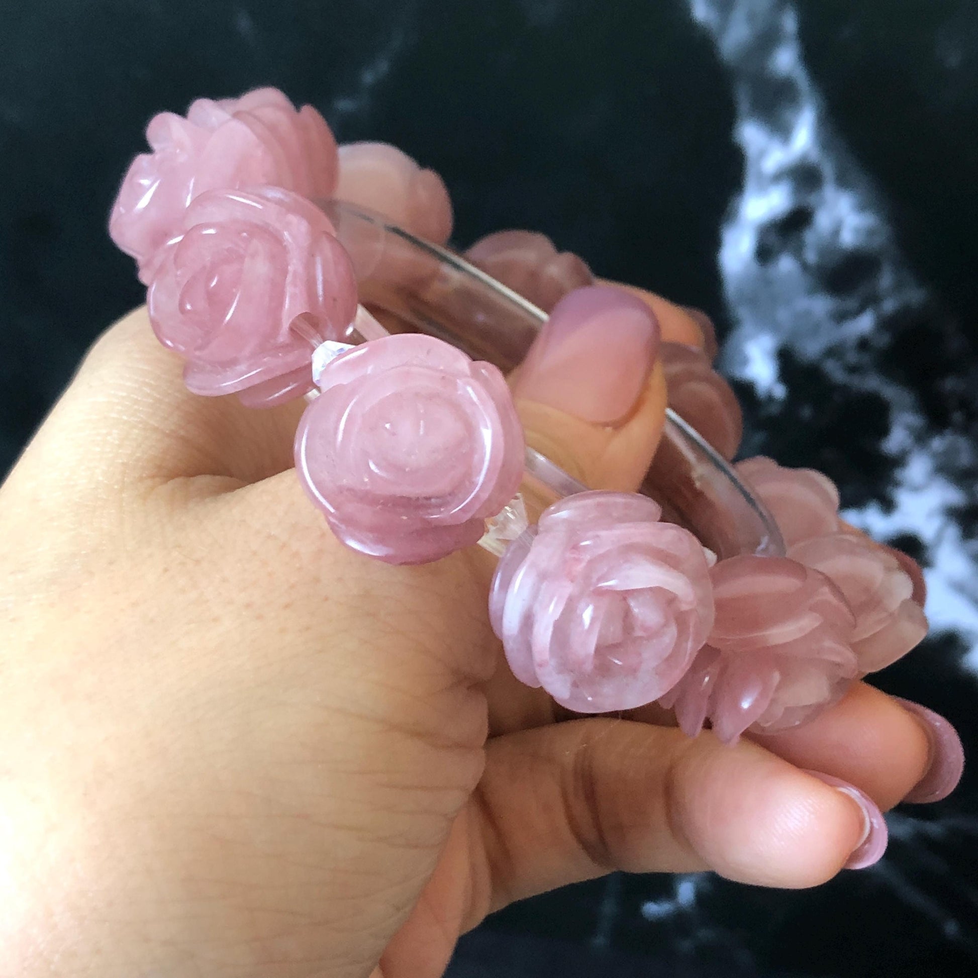 SheTaicui Jade (Quartzite) Hand Carved Rose Bead Bracelet: Natural Icy Pink Peach Charms Elastic Stretch Bracelet | Personalized Gemstone Gift for her, elastic stretch bracelet, huge bead bracelet, jade bead bracelet, pink jade purple jade chinese jade tailor made bracelet personalized bracelet rose charm hand carved bead bracelet hand engraved jade bracelet hand carved rose bracelet rose carving flower carving hand engraved rose bead 3D stone carving