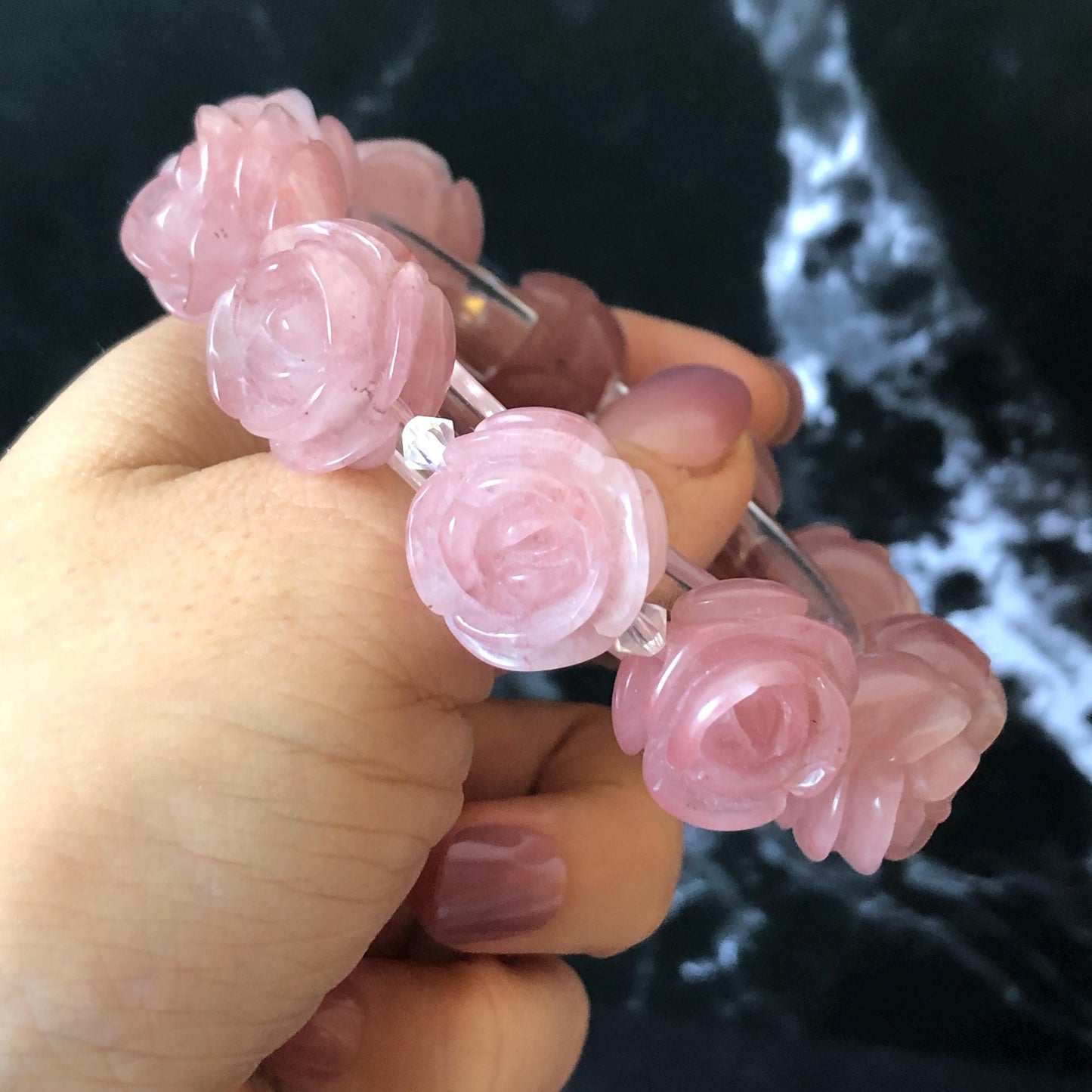 SheTaicui Jade (Quartzite) Hand Carved Rose Bead Bracelet: Natural Icy Pink Peach Charms Elastic Stretch Bracelet | Personalized Gemstone Gift for her, elastic stretch bracelet, huge bead bracelet, jade bead bracelet, pink jade purple jade chinese jade tailor made bracelet personalized bracelet rose charm hand carved bead bracelet hand engraved jade bracelet hand carved rose bracelet rose carving flower carving hand engraved rose bead 3D stone carving