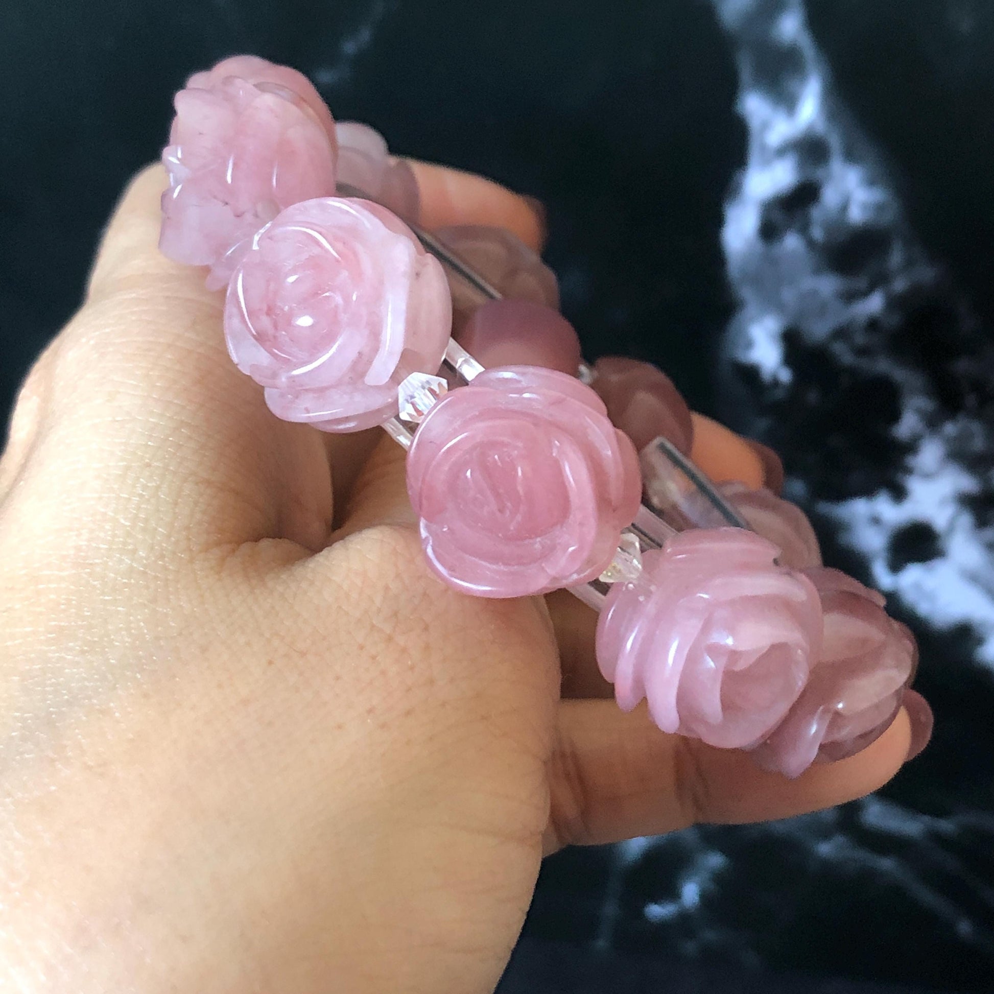 SheTaicui Jade (Quartzite) Hand Carved Rose Bead Bracelet: Natural Icy Pink Peach Charms Elastic Stretch Bracelet | Personalized Gemstone Gift for her, elastic stretch bracelet, huge bead bracelet, jade bead bracelet, pink jade purple jade chinese jade tailor made bracelet personalized bracelet rose charm hand carved bead bracelet hand engraved jade bracelet hand carved rose bracelet rose carving flower carving hand engraved rose bead 3D stone carving