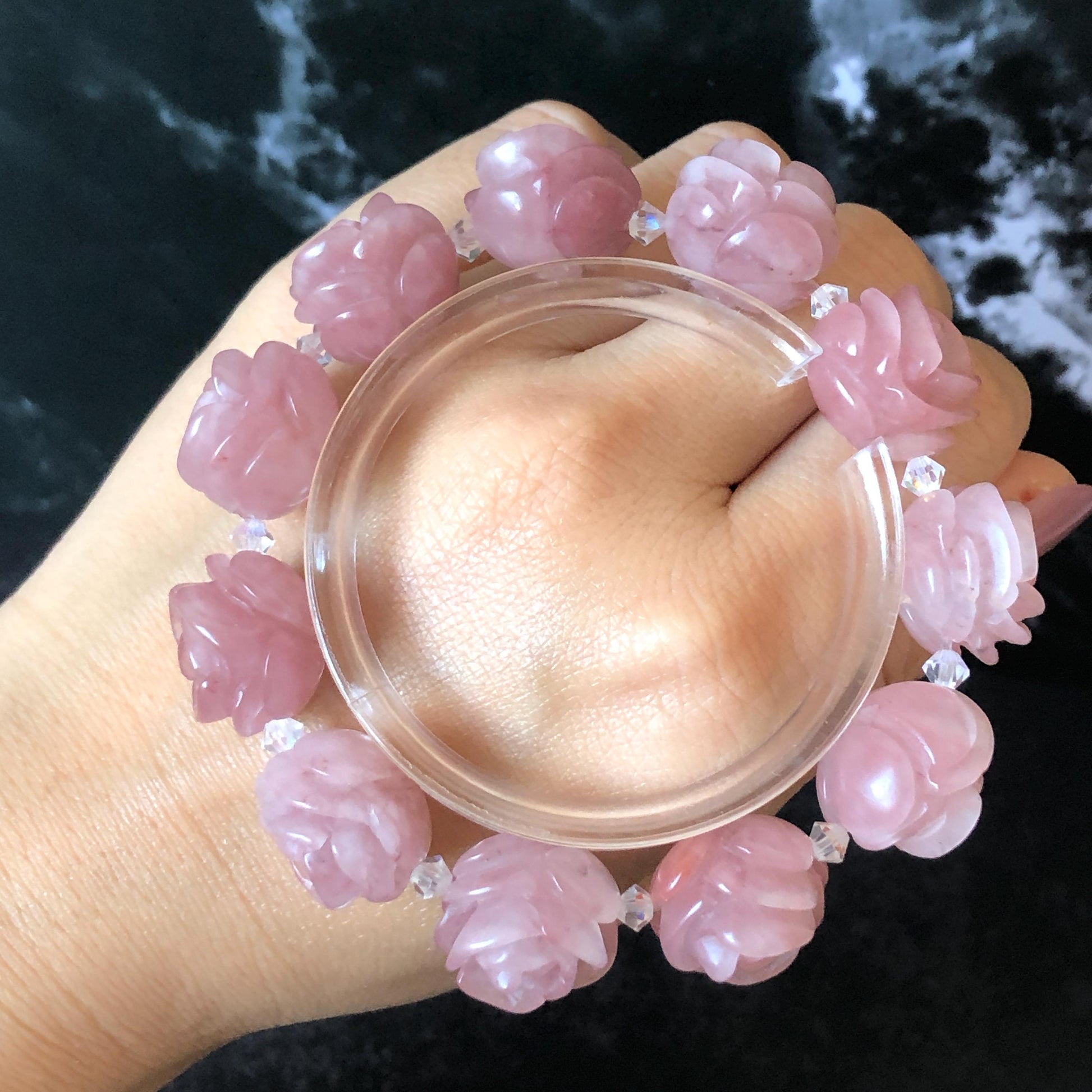 SheTaicui Jade (Quartzite) Hand Carved Rose Bead Bracelet: Natural Icy Pink Peach Charms Elastic Stretch Bracelet | Personalized Gemstone Gift for her, elastic stretch bracelet, huge bead bracelet, jade bead bracelet, pink jade purple jade chinese jade tailor made bracelet personalized bracelet rose charm hand carved bead bracelet hand engraved jade bracelet hand carved rose bracelet rose carving flower carving hand engraved rose bead 3D stone carving