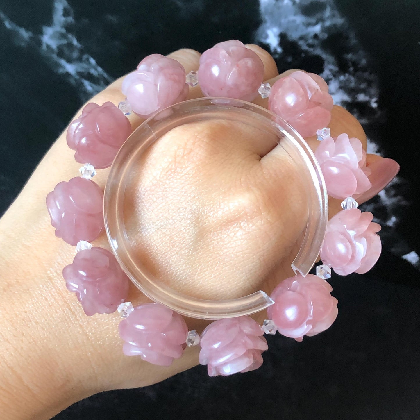 SheTaicui Jade (Quartzite) Hand Carved Rose Bead Bracelet: Natural Icy Pink Peach Charms Elastic Stretch Bracelet | Personalized Gemstone Gift for her, elastic stretch bracelet, huge bead bracelet, jade bead bracelet, pink jade purple jade chinese jade tailor made bracelet personalized bracelet rose charm hand carved bead bracelet hand engraved jade bracelet hand carved rose bracelet rose carving flower carving hand engraved rose bead 3D stone carving