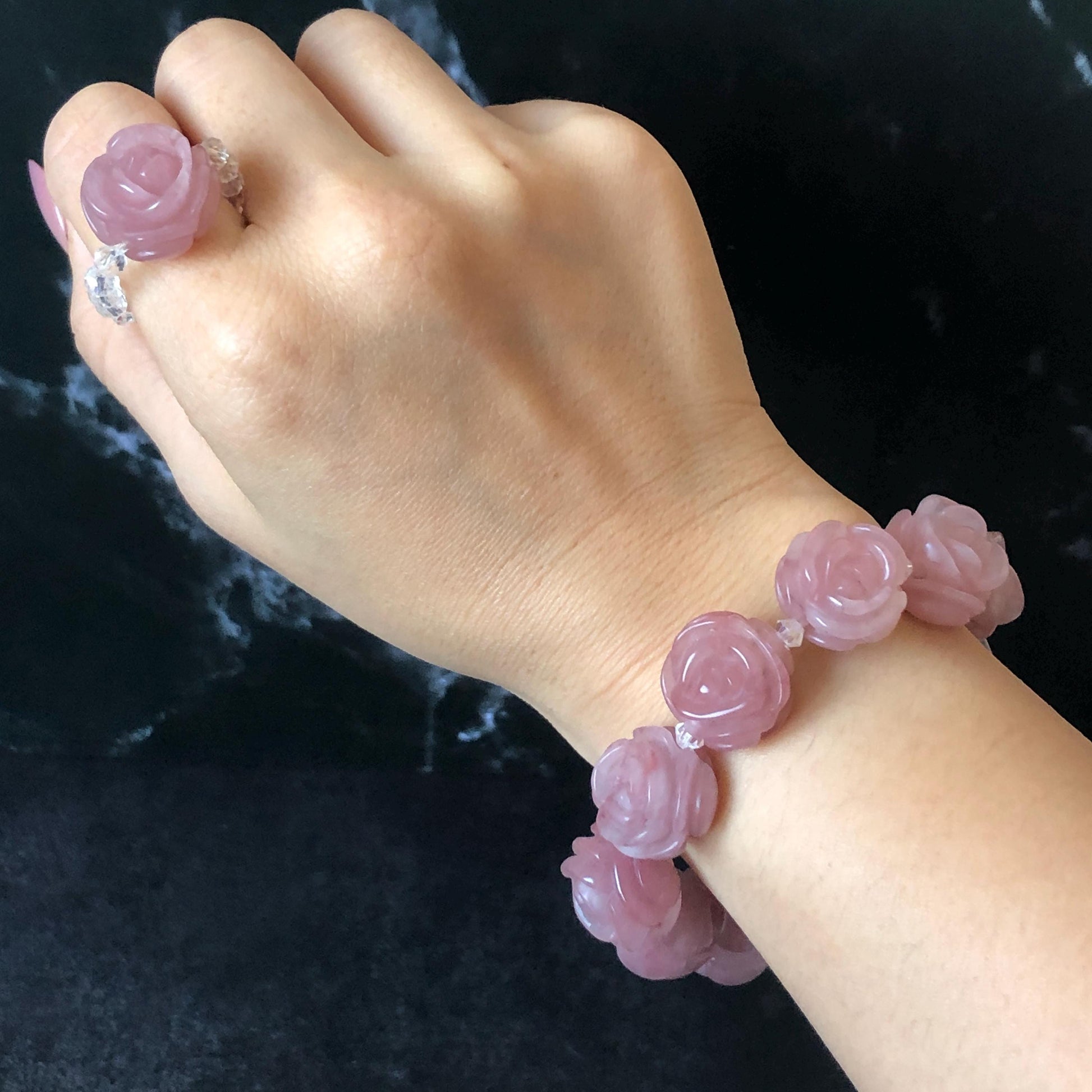 SheTaicui Jade (Quartzite) Hand Carved Rose Bead Bracelet: Natural Icy Pink Peach Charms Elastic Stretch Bracelet | Personalized Gemstone Gift for her, elastic stretch bracelet, huge bead bracelet, jade bead bracelet, pink jade purple jade chinese jade tailor made bracelet personalized bracelet rose charm hand carved bead bracelet hand engraved jade bracelet hand carved rose bracelet rose carving flower carving hand engraved rose bead 3D stone carving