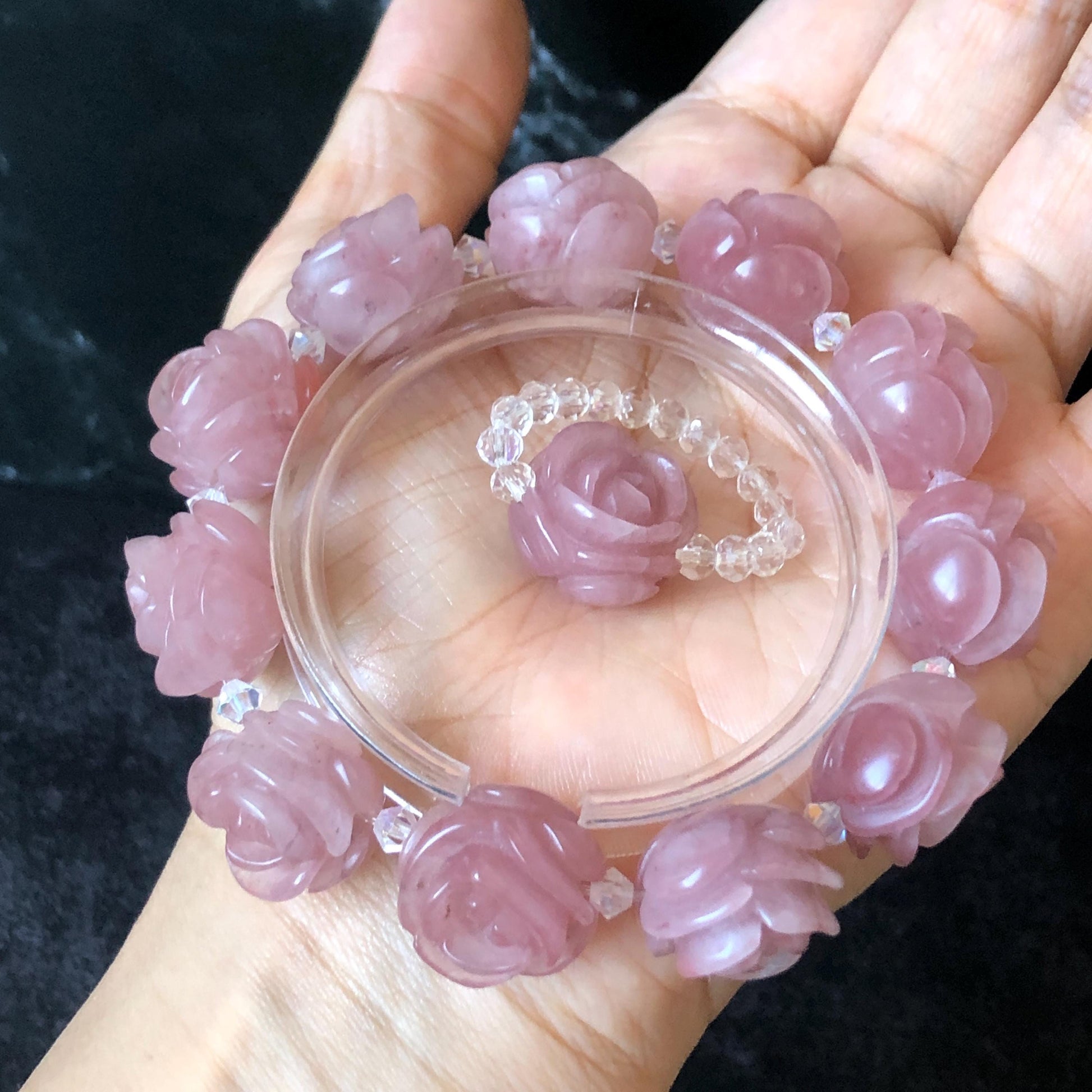 SheTaicui Jade (Quartzite) Hand Carved Rose Bead Bracelet: Natural Icy Pink Peach Charms Elastic Stretch Bracelet | Personalized Gemstone Gift for her, elastic stretch bracelet, huge bead bracelet, jade bead bracelet, pink jade purple jade chinese jade tailor made bracelet personalized bracelet rose charm hand carved bead bracelet hand engraved jade bracelet hand carved rose bracelet rose carving flower carving hand engraved rose bead 3D stone carving