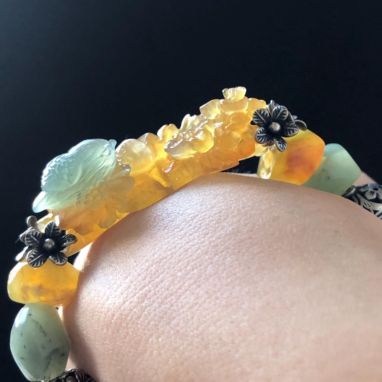 Natural Xiu Jade Serpentine Hand Carved Bird & Flower Charm with Irregular Bead Bracelet: Greenish Blue and Yellow Jade with Vintage Tibetan Silver Accessory| Crystal Stone Gemstone Gift for her Blue Jade Carving Green Jade Bracelet Yellow Jade Jewelry diy bracelet  natural untreated jade carved flower charm engraved blue bird charm big bead Chunky Bead Bracelet elastic stretch bracelet 3D stone carving personalized bracelet personalised gift customized bracelet tailor made bird lover gift