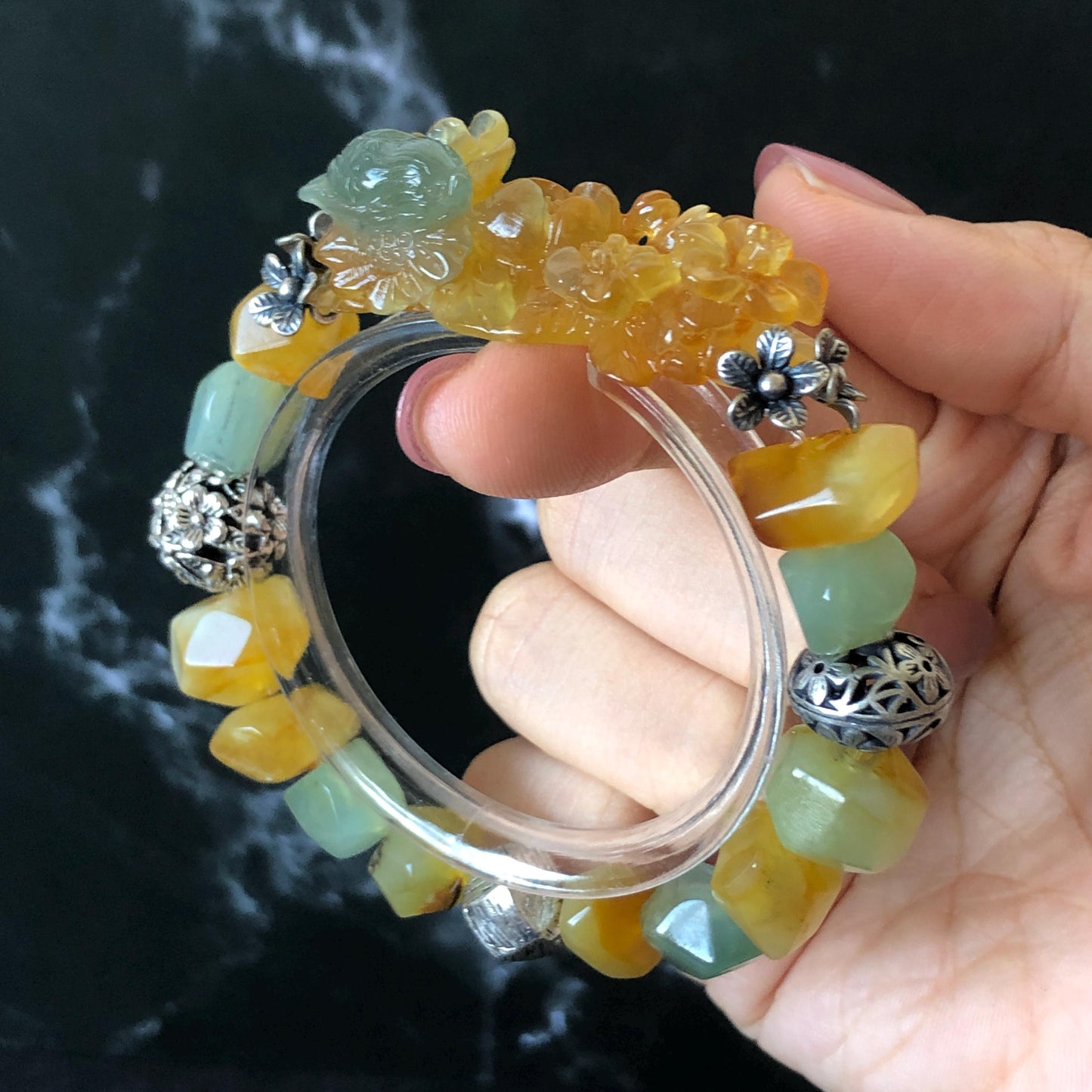 Natural Xiu Jade Serpentine Hand Carved Bird & Flower Charm with Irregular Bead Bracelet: Greenish Blue and Yellow Jade with Vintage Tibetan Silver Accessory| Crystal Stone Gemstone Gift for her Blue Jade Carving Green Jade Bracelet Yellow Jade Jewelry diy bracelet  natural untreated jade carved flower charm engraved blue bird charm big bead Chunky Bead Bracelet elastic stretch bracelet 3D stone carving personalized bracelet personalised gift customized bracelet tailor made bird lover gift