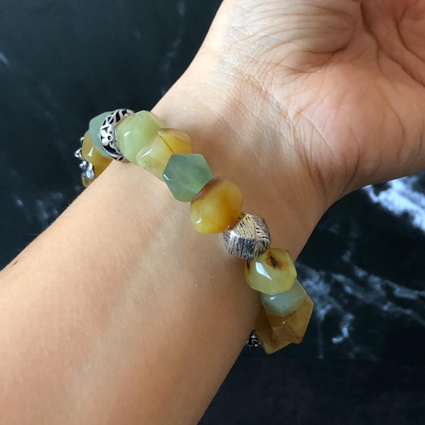 Natural Xiu Jade Serpentine Hand Carved Bird & Flower Charm with Irregular Bead Bracelet: Greenish Blue and Yellow Jade with Vintage Tibetan Silver Accessory| Crystal Stone Gemstone Gift for her Blue Jade Carving Green Jade Bracelet Yellow Jade Jewelry diy bracelet  natural untreated jade carved flower charm engraved blue bird charm big bead Chunky Bead Bracelet elastic stretch bracelet 3D stone carving personalized bracelet personalised gift customized bracelet tailor made bird lover gift