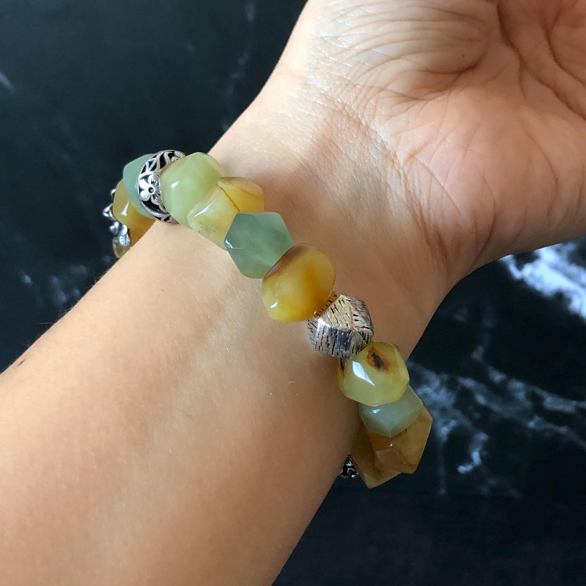 Natural Xiu Jade Serpentine Hand Carved Bird & Flower Charm with Irregular Bead Bracelet: Greenish Blue and Yellow Jade with Vintage Tibetan Silver Accessory| Crystal Stone Gemstone Gift for her Blue Jade Carving Green Jade Bracelet Yellow Jade Jewelry diy bracelet  natural untreated jade carved flower charm engraved blue bird charm big bead Chunky Bead Bracelet elastic stretch bracelet 3D stone carving personalized bracelet personalised gift customized bracelet tailor made bird lover gift