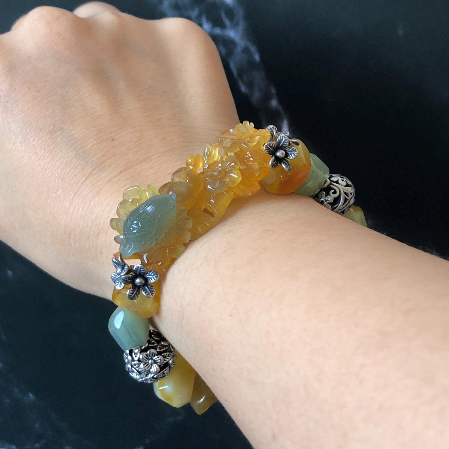 Natural Xiu Jade Serpentine Hand Carved Bird & Flower Charm with Irregular Bead Bracelet: Greenish Blue and Yellow Jade with Vintage Tibetan Silver Accessory| Crystal Stone Gemstone Gift for her Blue Jade Carving Green Jade Bracelet Yellow Jade Jewelry diy bracelet  natural untreated jade carved flower charm engraved blue bird charm big bead Chunky Bead Bracelet elastic stretch bracelet 3D stone carving personalized bracelet personalised gift customized bracelet tailor made bird lover gift