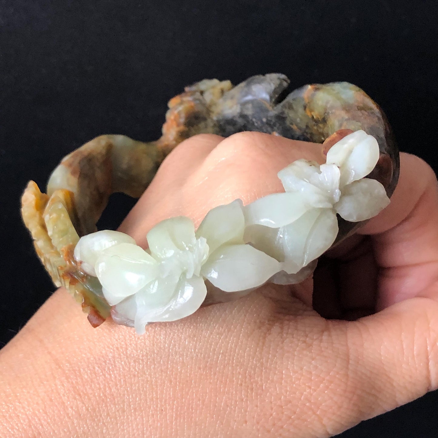 55.1mm Xiu Jade Serpentine Hand Carved Lily Flower Bangle: Natural Multi color Brown Green White Jade Handcrafted Bracelet, Stone Carving Gemstone Jewelry Gift for her irregular jade bangle jade carving hand engraved stone carving natural untreated jade bracelet black jade white jade green jade brown jade handcraft jade lily carving flower carving chinese jade vintage bangle antique bracelet sesame bracelet multi colour jade pine tree