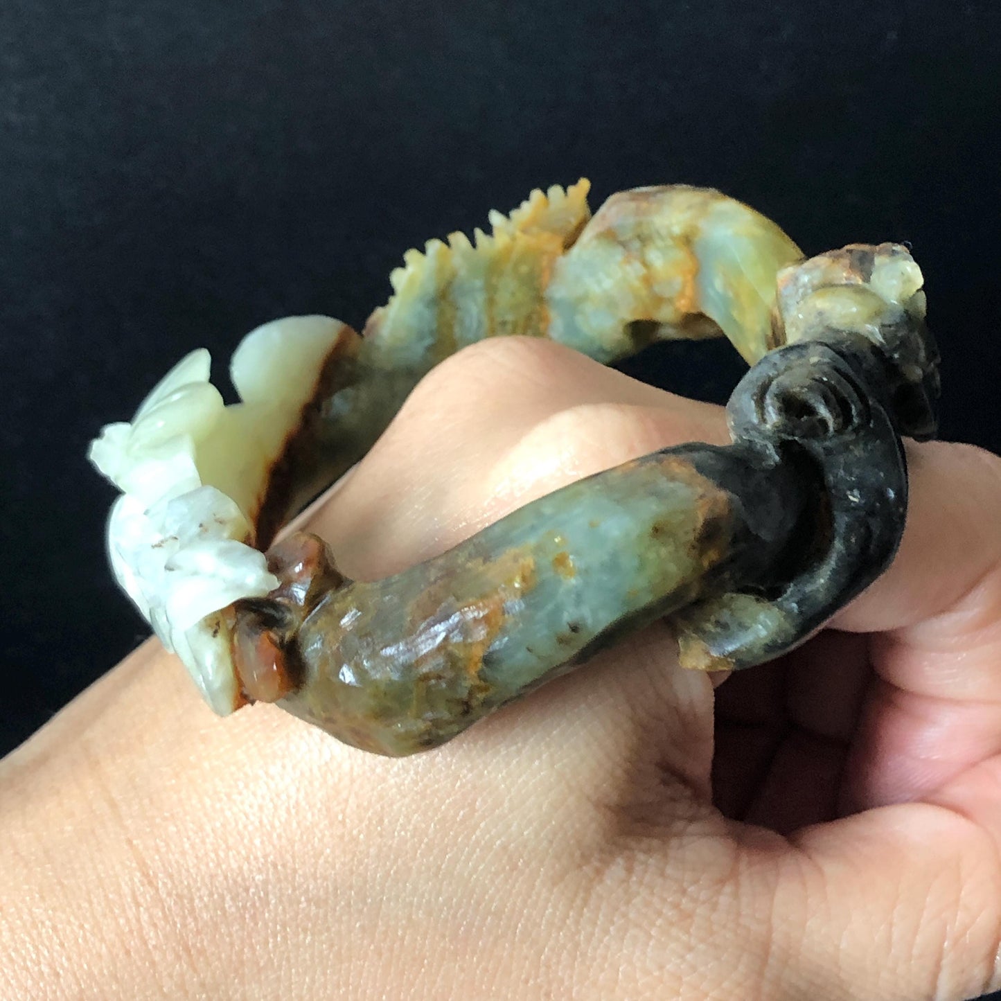 55.1mm Xiu Jade Serpentine Hand Carved Lily Flower Bangle: Natural Multi color Brown Green White Jade Handcrafted Bracelet, Stone Carving Gemstone Jewelry Gift for her irregular jade bangle jade carving hand engraved stone carving natural untreated jade bracelet black jade white jade green jade brown jade handcraft jade lily carving flower carving chinese jade vintage bangle antique bracelet sesame bracelet multi colour jade pine tree