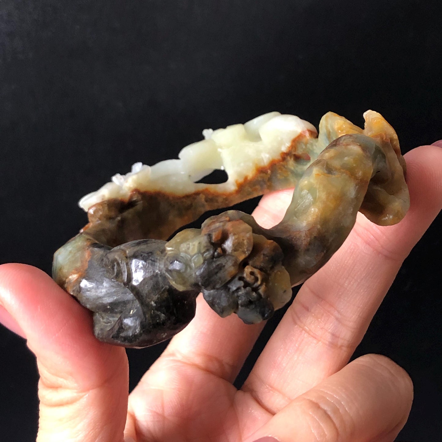 55.1mm Xiu Jade Serpentine Hand Carved Lily Flower Bangle: Natural Multi color Brown Green White Jade Handcrafted 3D carving Bracelet