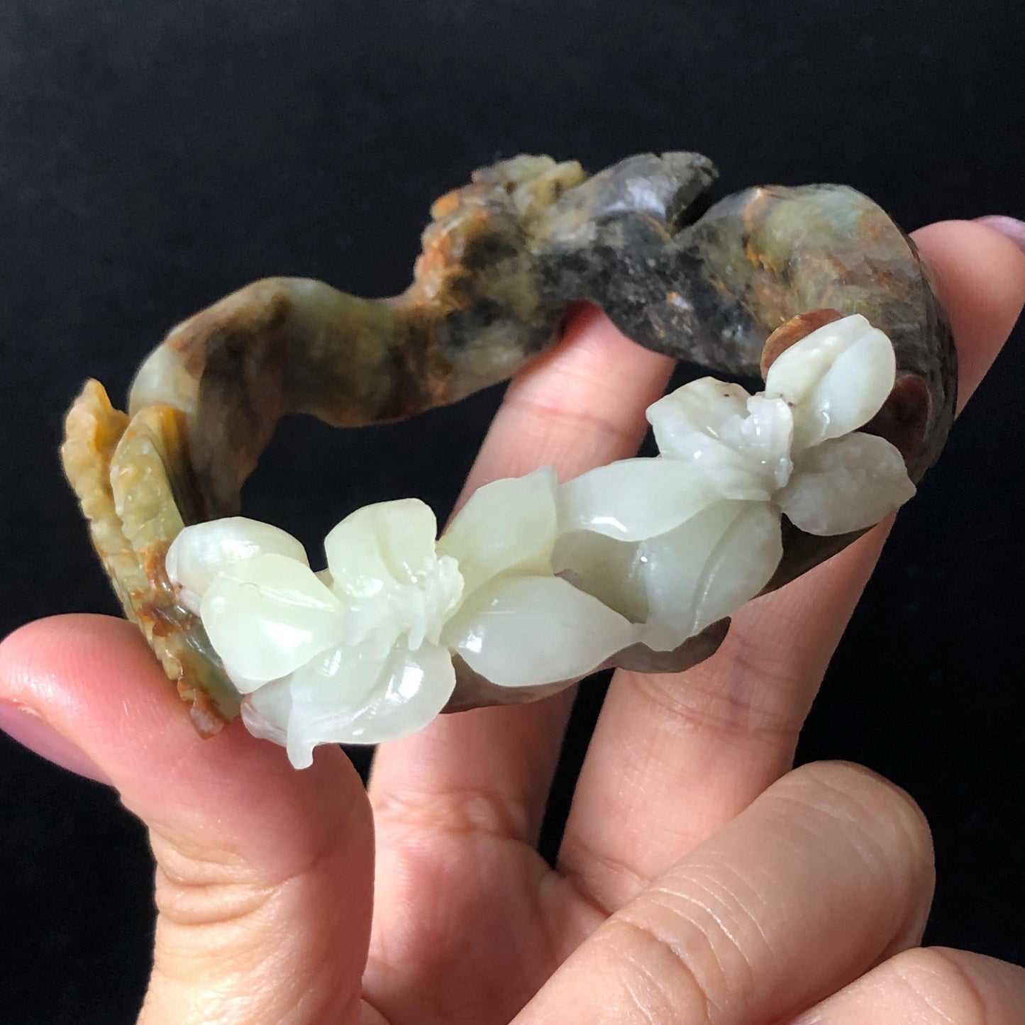 55.1mm Xiu Jade Serpentine Hand Carved Lily Flower Bangle: Natural Multi color Brown Green White Jade Handcrafted 3D carving Bracelet