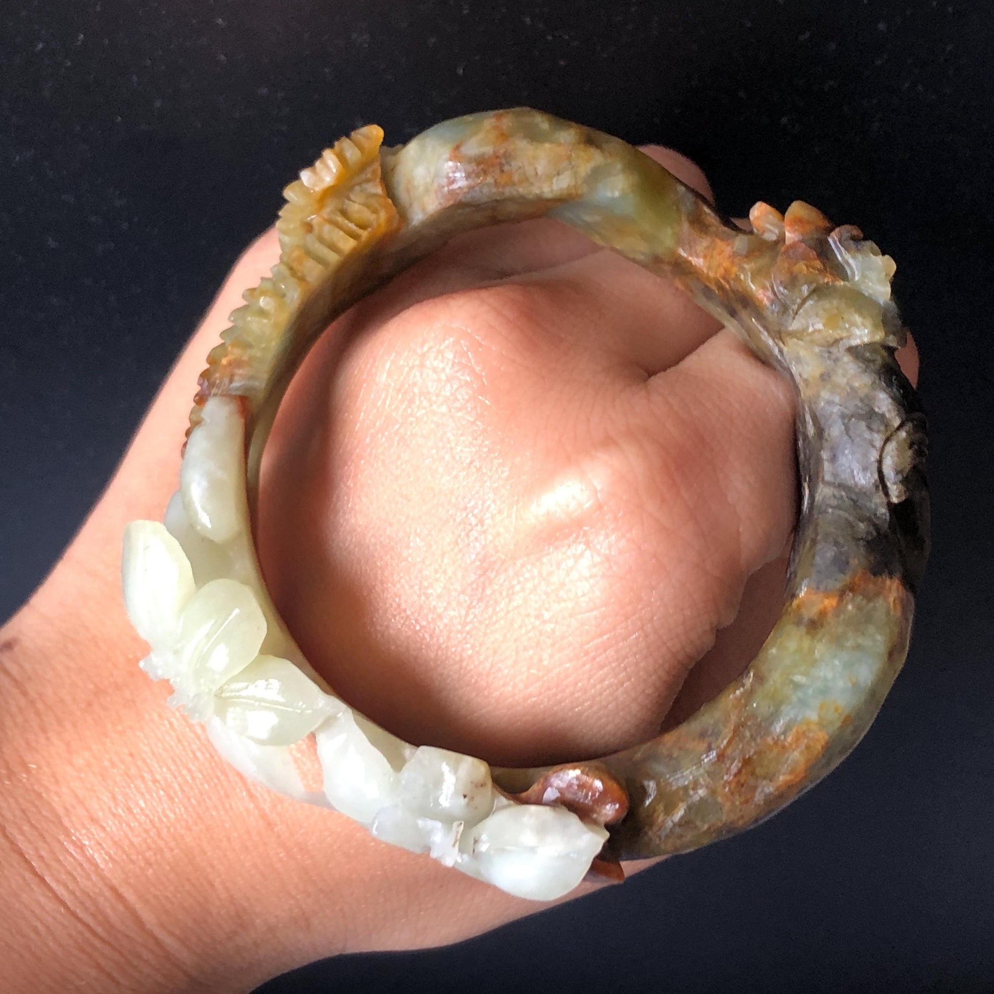 55.1mm Xiu Jade Serpentine Hand Carved Lily Flower Bangle: Natural Multi color Brown Green White Jade Handcrafted 3D carving Bracelet