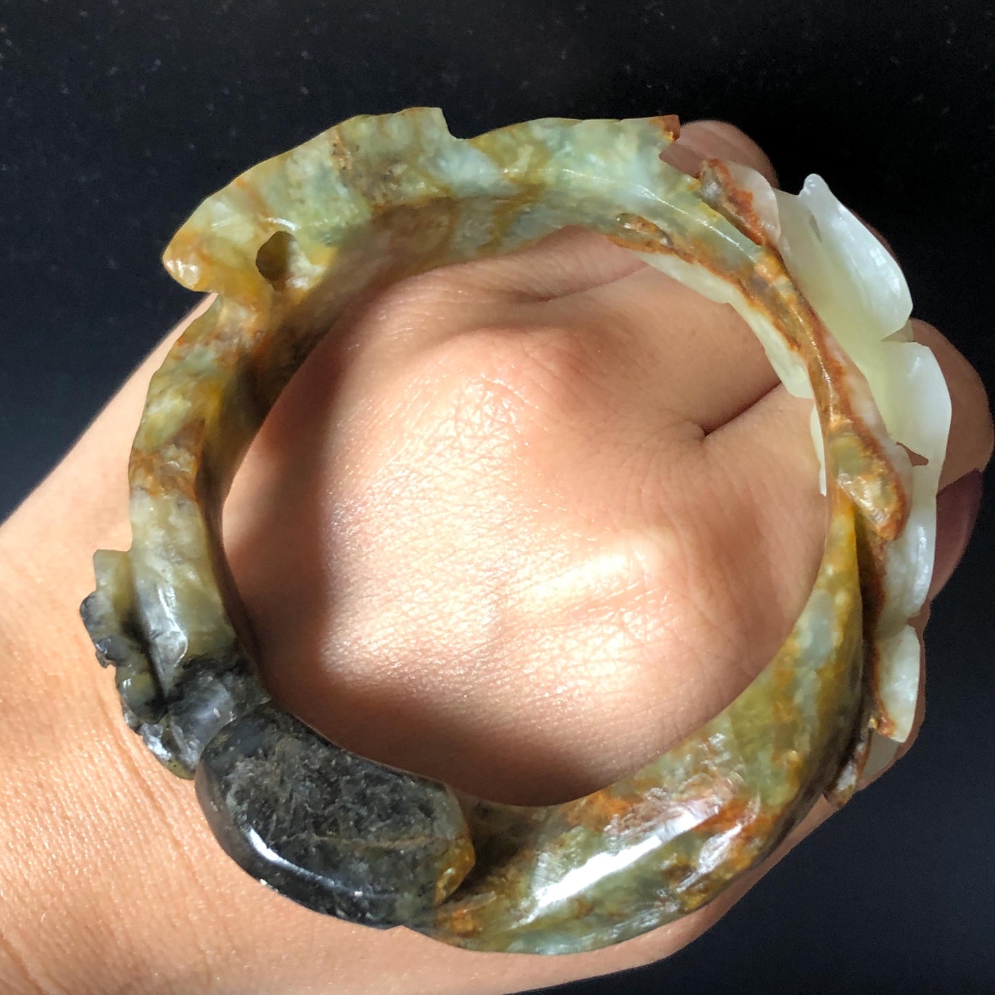 55.1mm Xiu Jade Serpentine Hand Carved Lily Flower Bangle: Natural Multi color Brown Green White Jade Handcrafted 3D carving Bracelet