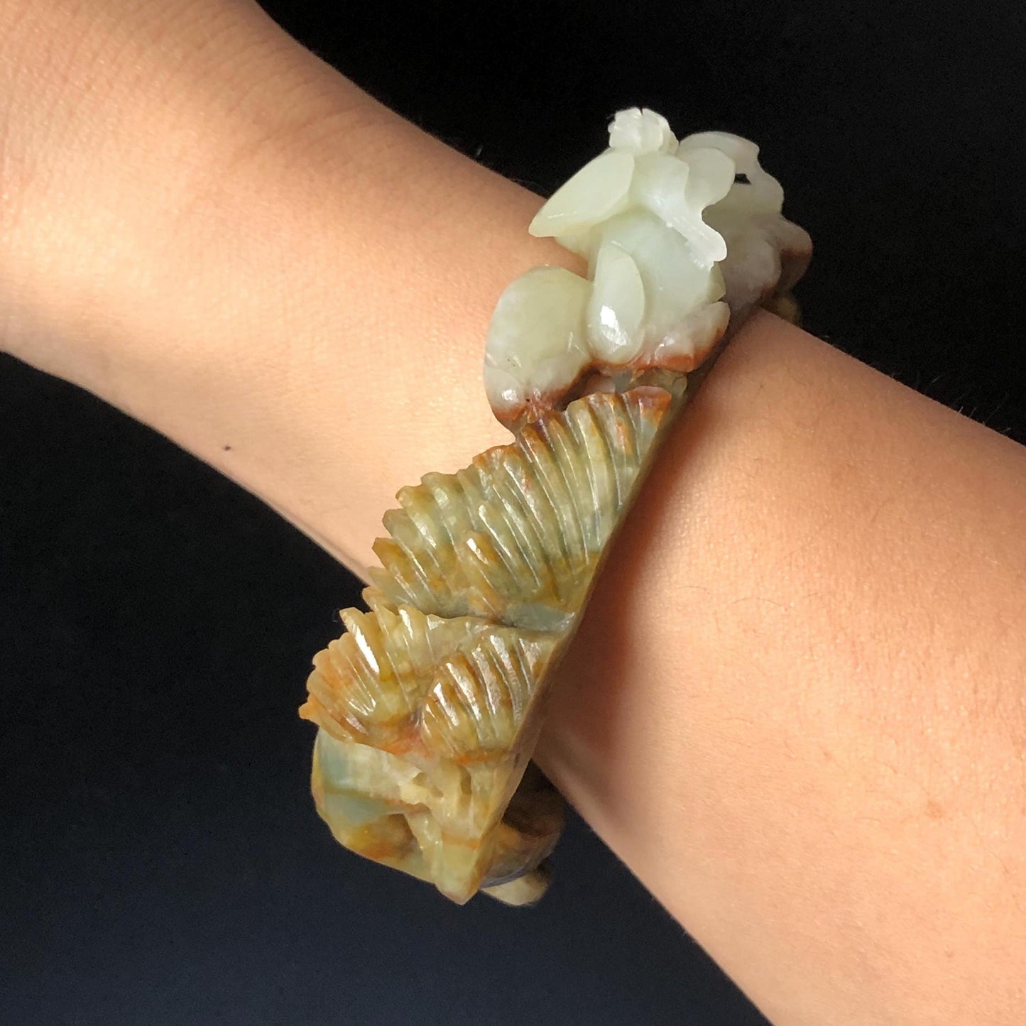 55.1mm Xiu Jade Serpentine Hand Carved Lily Flower Bangle: Natural Multi color Brown Green White Jade Handcrafted Bracelet, Stone Carving Gemstone Jewelry Gift for her irregular jade bangle jade carving hand engraved stone carving natural untreated jade bracelet black jade white jade green jade brown jade handcraft jade lily carving flower carving chinese jade vintage bangle antique bracelet sesame bracelet multi colour jade pine tree