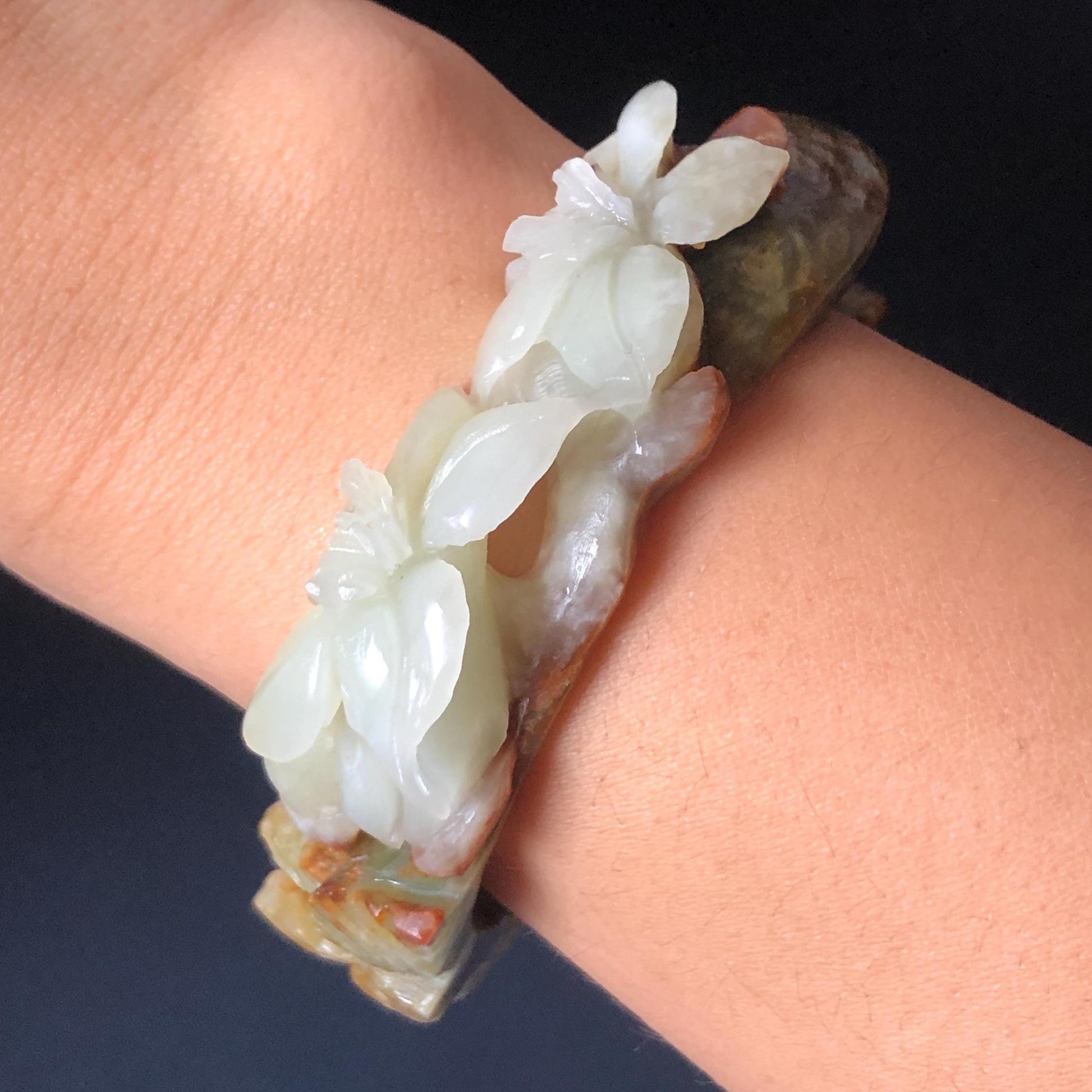 55.1mm Xiu Jade Serpentine Hand Carved Lily Flower Bangle: Natural Multi color Brown Green White Jade Handcrafted Bracelet, Stone Carving Gemstone Jewelry Gift for her irregular jade bangle jade carving hand engraved stone carving natural untreated jade bracelet black jade white jade green jade brown jade handcraft jade lily carving flower carving chinese jade vintage bangle antique bracelet sesame bracelet multi colour jade pine tree