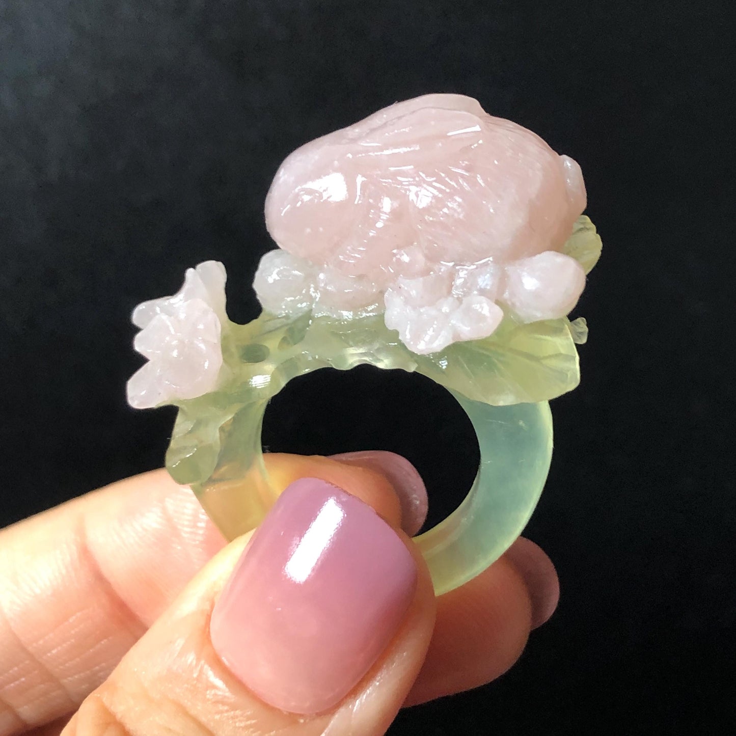 Custom Size! Xiu Jade Serpentine Hand Carved Pink Rabbit Bunny Flower Statement Ring: Green & Pink Jade Handcrafted 3D Stone Carving Ring Gift for her yellow jade green jade carving pink jade carbonate jade ring hand carved jade band ring bird carving flower carving natural jade band ring cocktail ring for women make to order ring big size ring small size ring personalized ring customised ring flower ring rabbit carving bunny ring rabbit lover gift 3D stone carving