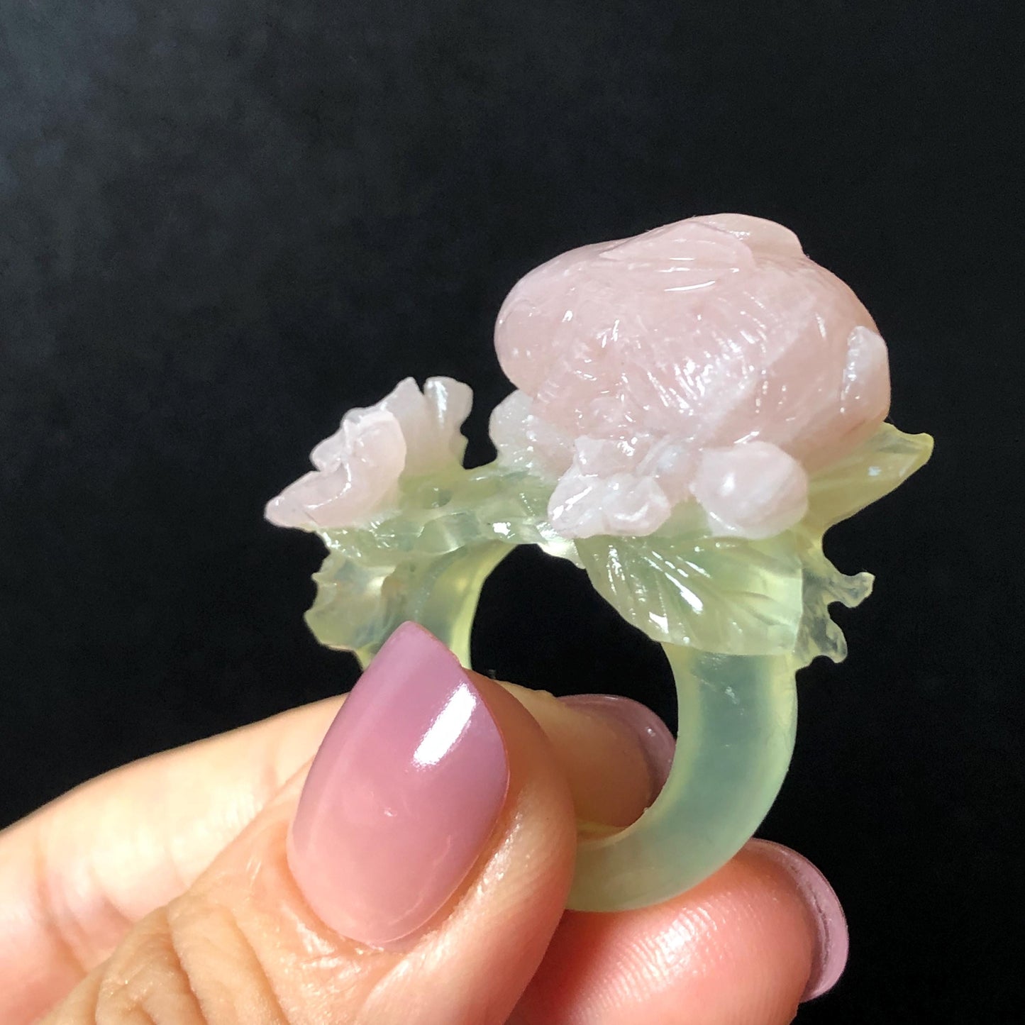 Custom Size! Xiu Jade Serpentine Hand Carved Pink Rabbit Bunny Flower Statement Ring: Green & Pink Jade Handcrafted 3D Stone Carving Ring Gift for her yellow jade green jade carving pink jade carbonate jade ring hand carved jade band ring bird carving flower carving natural jade band ring cocktail ring for women make to order ring big size ring small size ring personalized ring customised ring flower ring rabbit carving bunny ring rabbit lover gift 3D stone carving